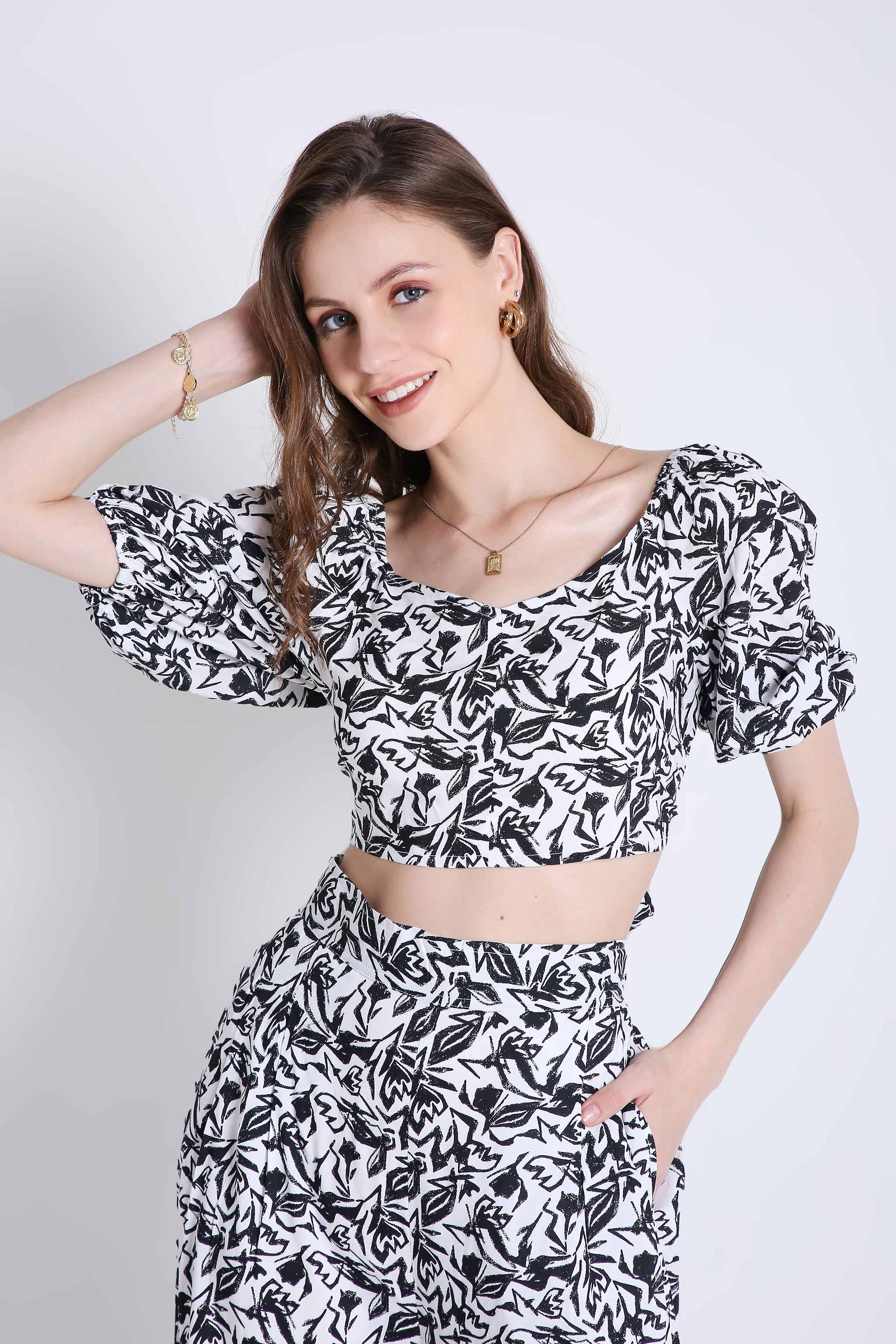 Grey printed crop top and pant co-ord set - Set of two