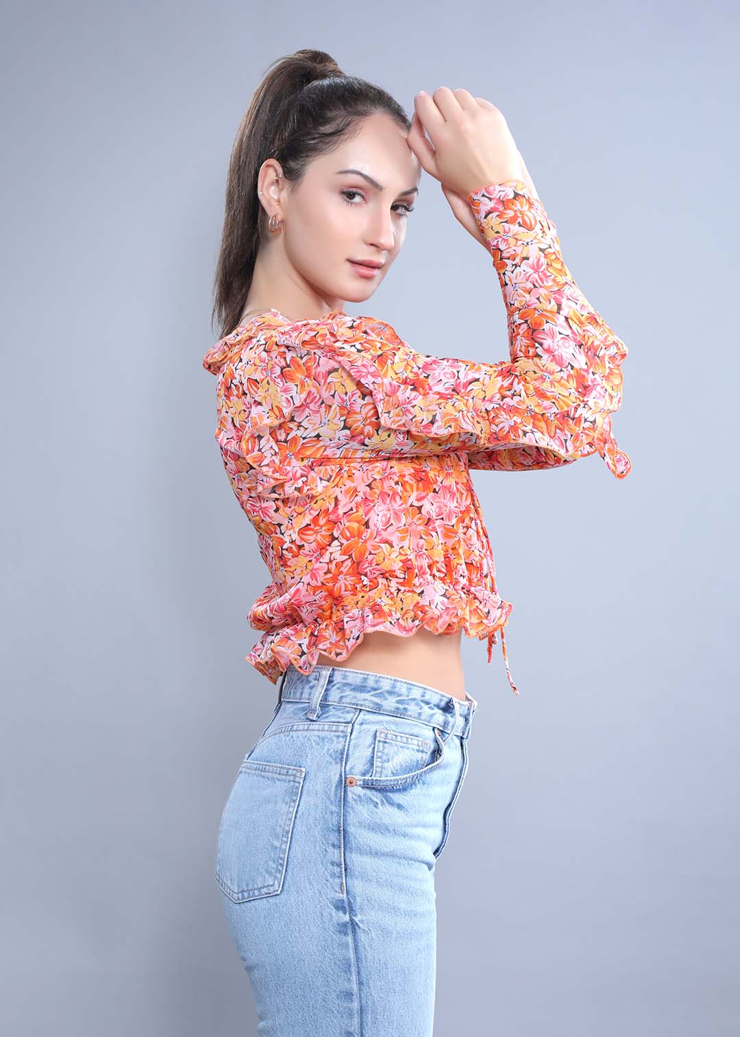 Orange Crop Top with Long Sleeves