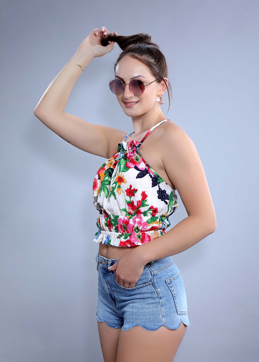 Ecru Regular Fit Halter Neck Crop Top