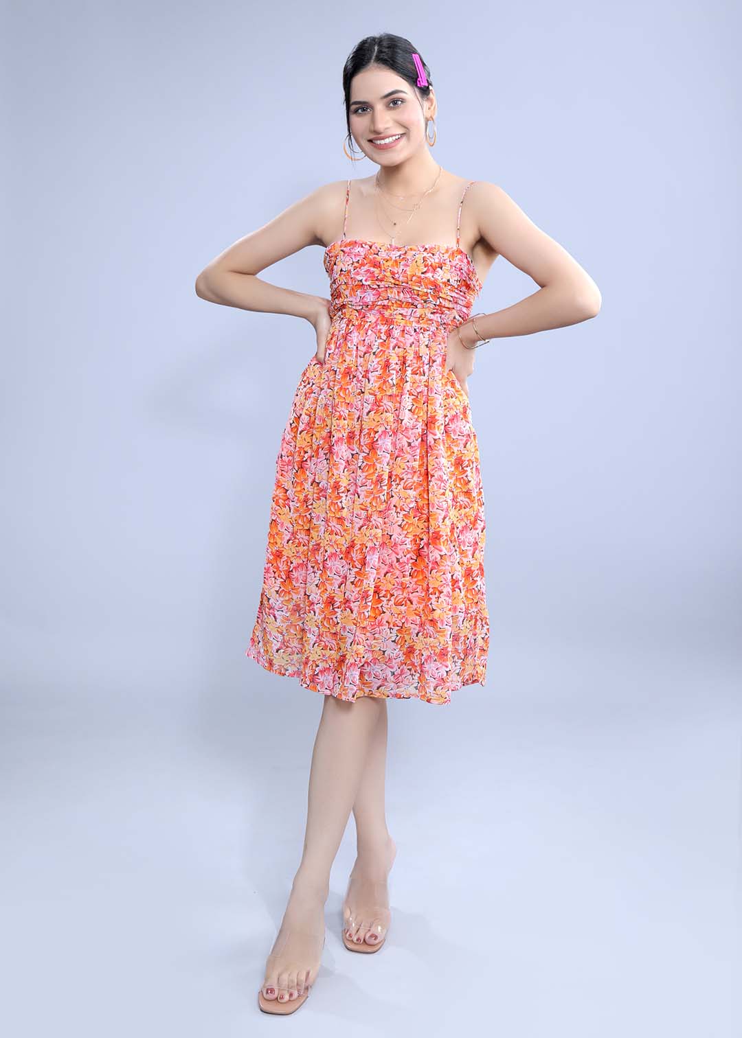 Printed Chiffon Gathered Dress