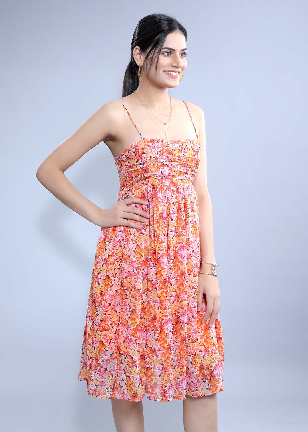 Printed Chiffon Gathered Dress