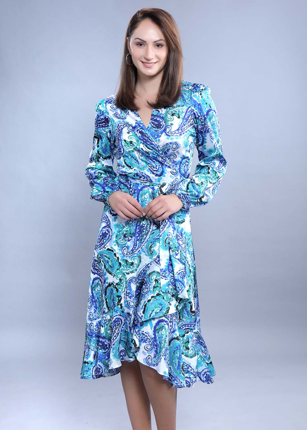 Satin Printed A-Line Wrap Around Dress