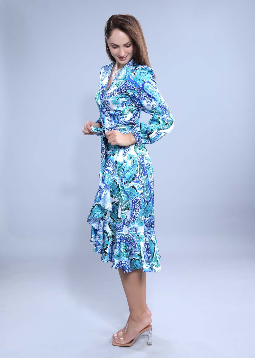 Satin Printed A-Line Wrap Around Dress