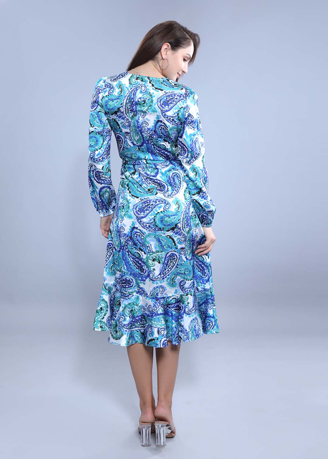 Satin Printed A-Line Wrap Around Dress