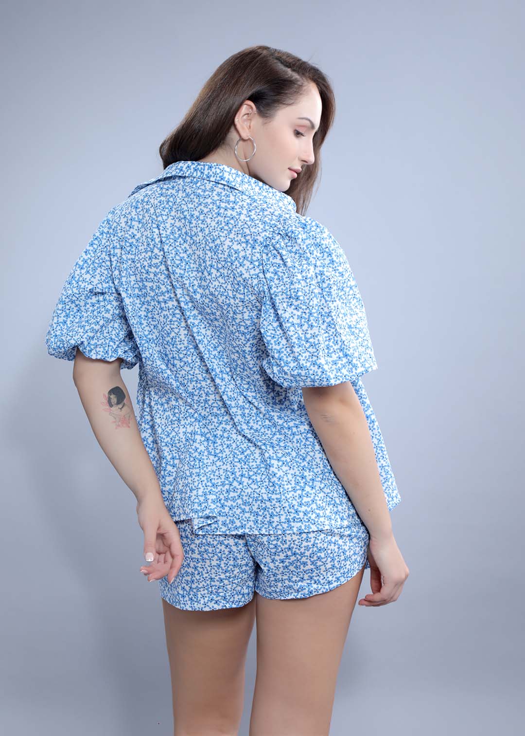 Printed Oversized Shirt with Puff Sleeve - Blue