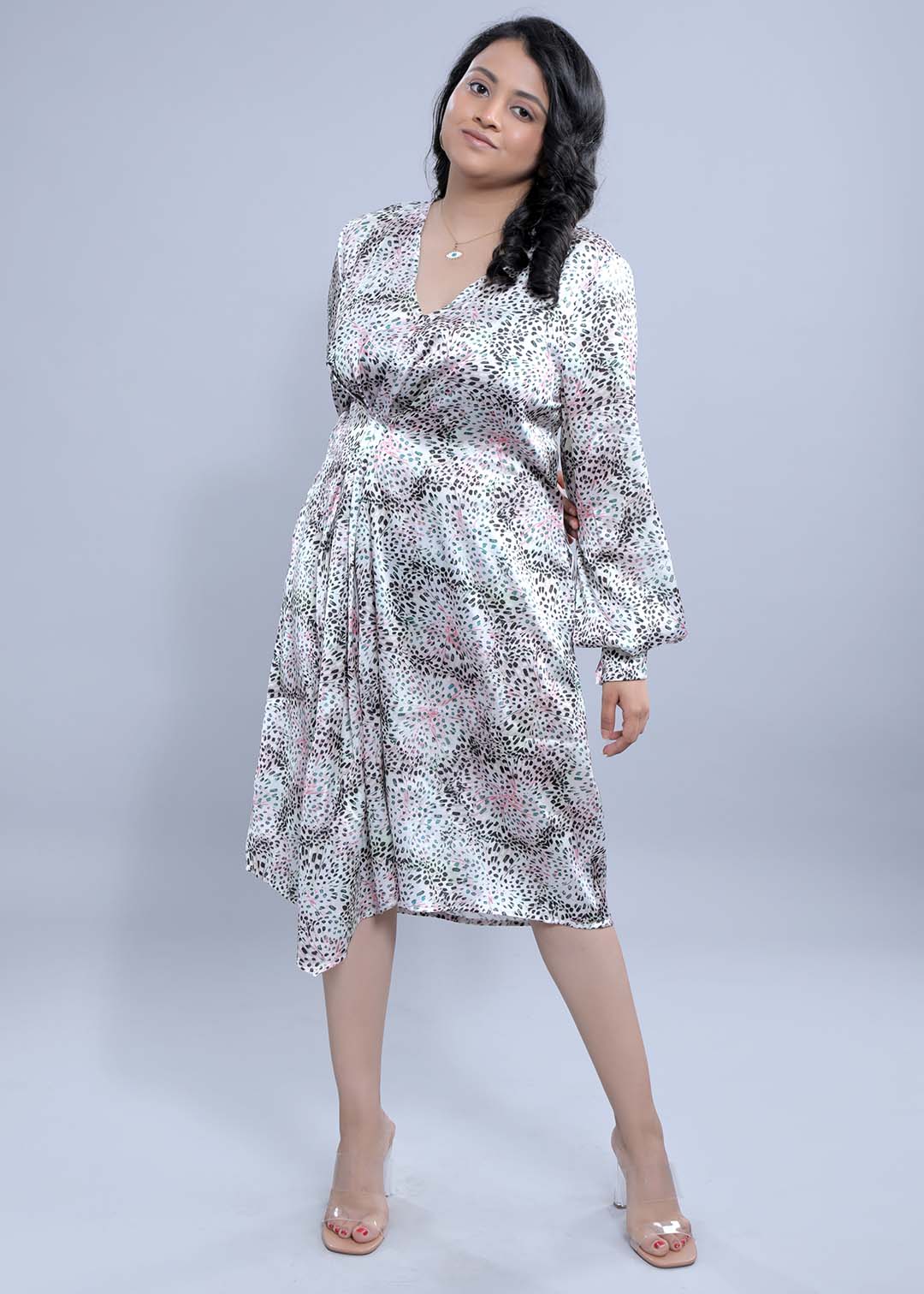 Pearl White Printed Long Puff Sleeve Dress