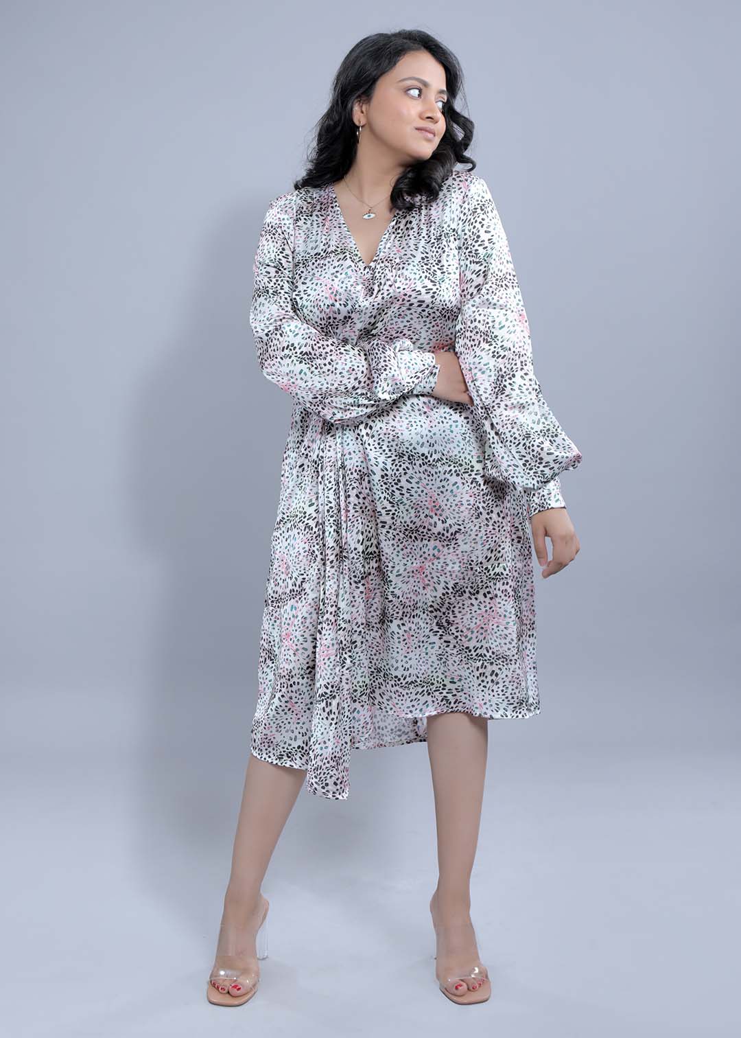 Pearl White Printed Long Puff Sleeve Dress