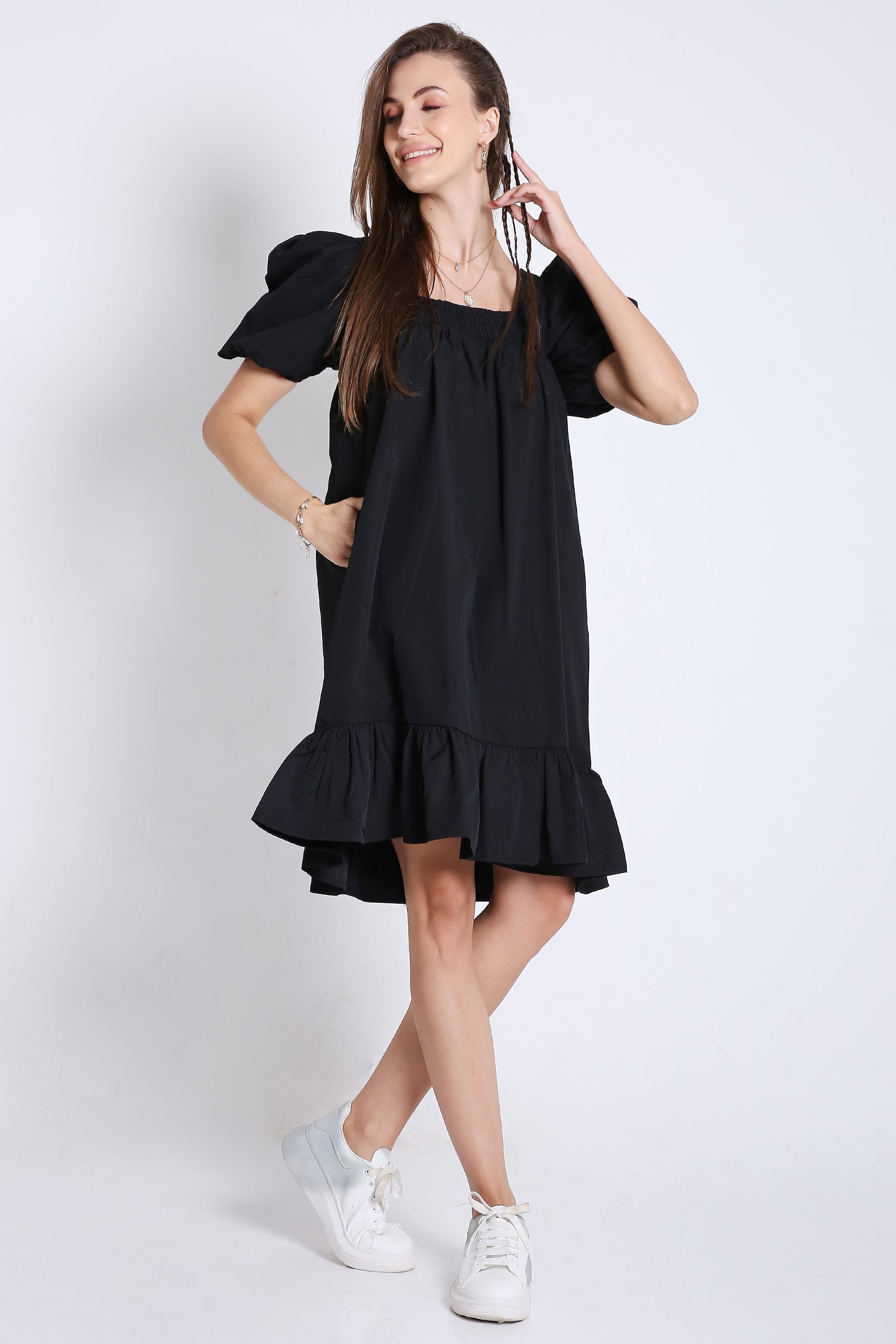 Short Flared Mini Dress with Balloon Short Sleeve