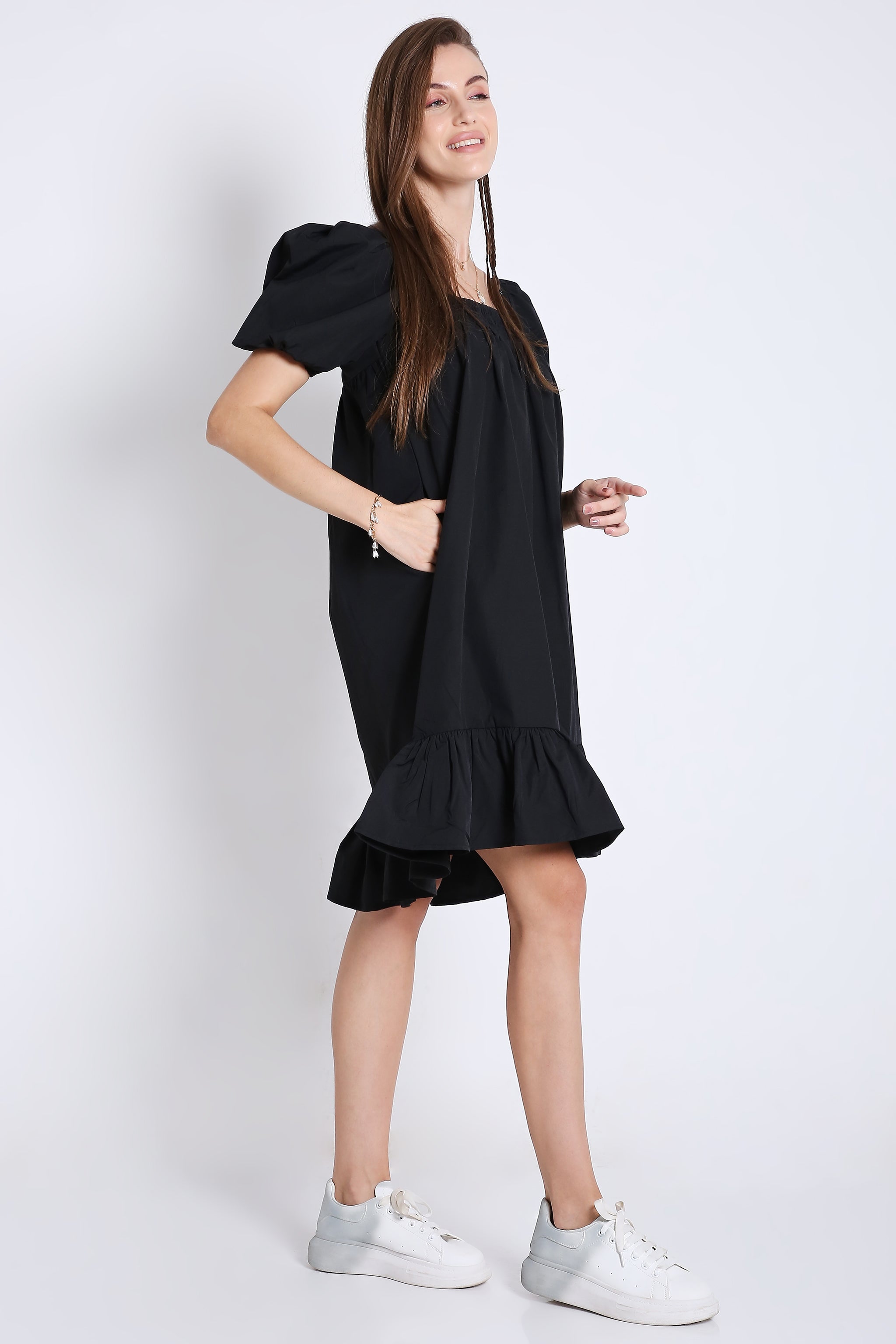 Short Flared Mini Dress with Balloon Short Sleeve