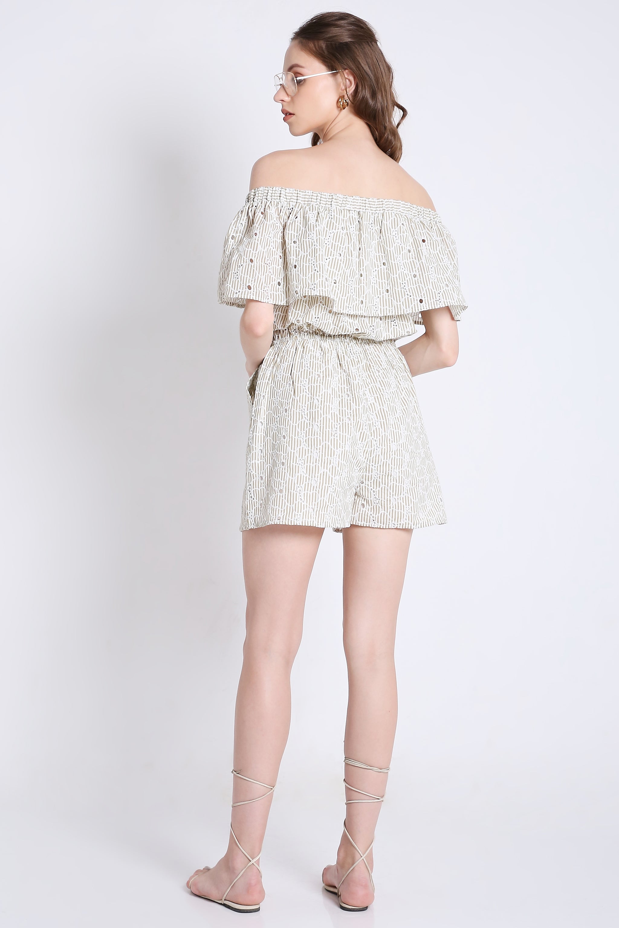 Off-Shoulder Playsuit with Stripes & Schiffli Embroidery Detail