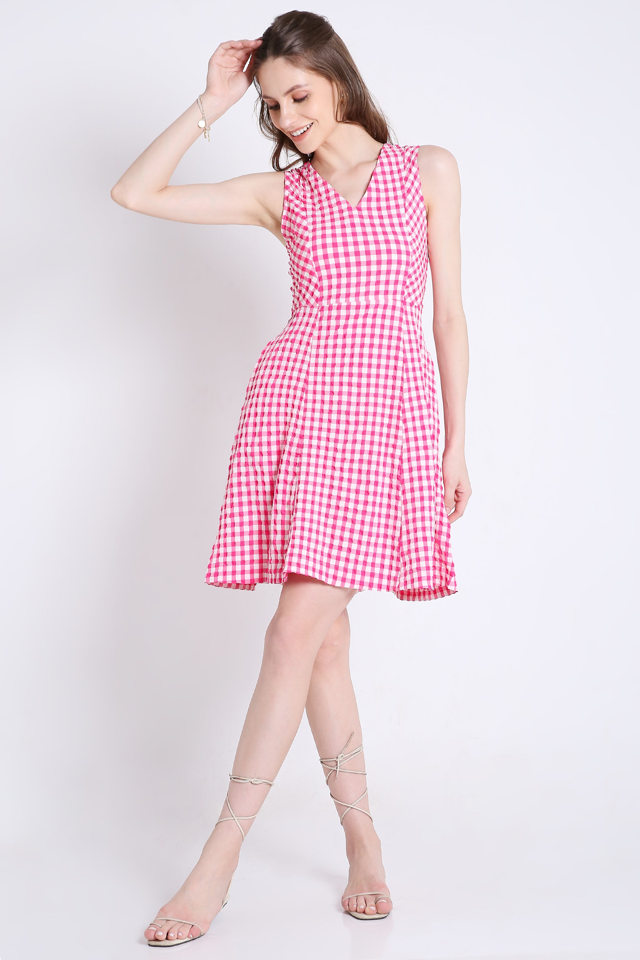 Checks Short Fit & Flared Sleeveless Dress