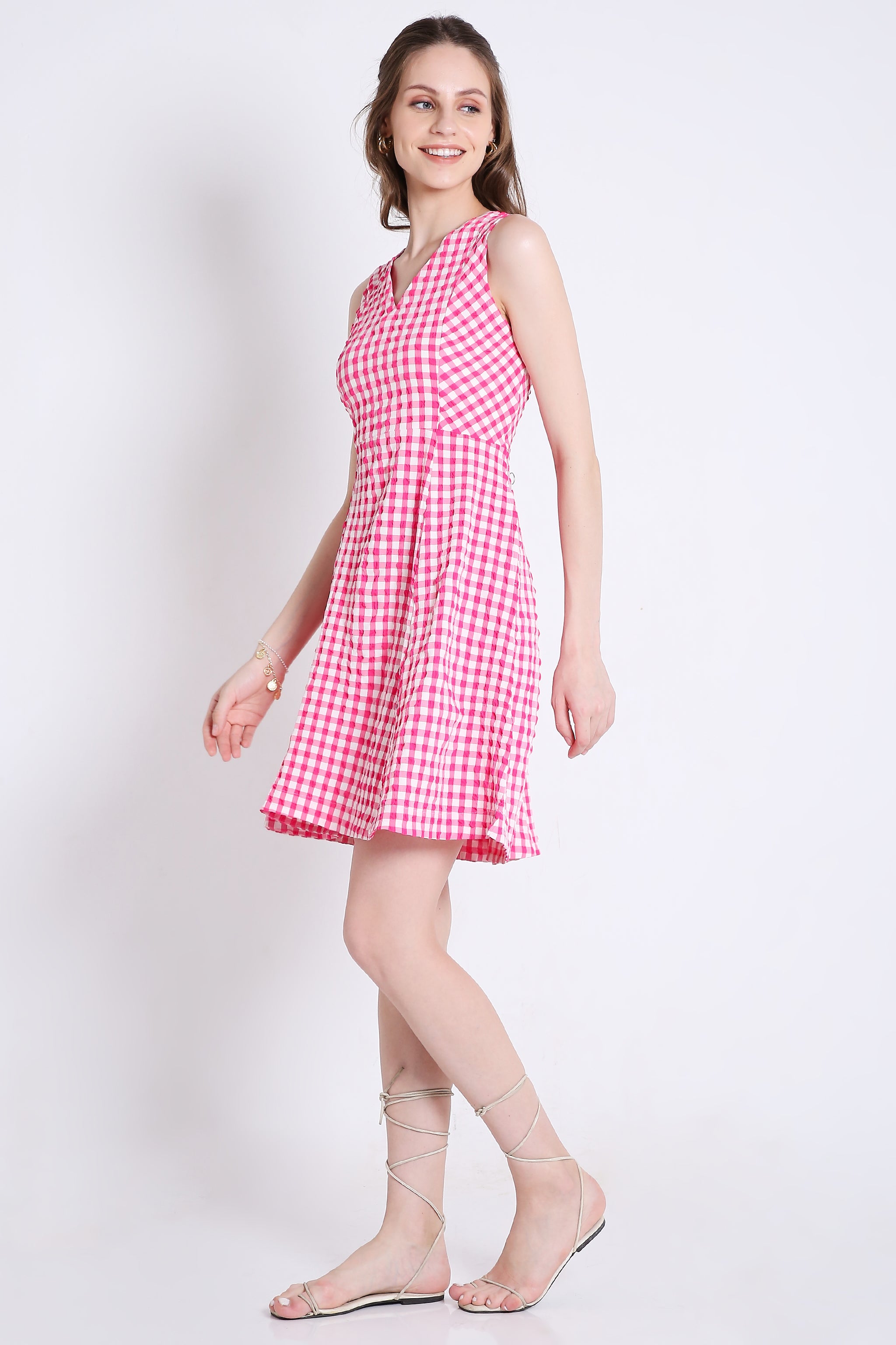 Checks Short Fit & Flared Sleeveless Dress