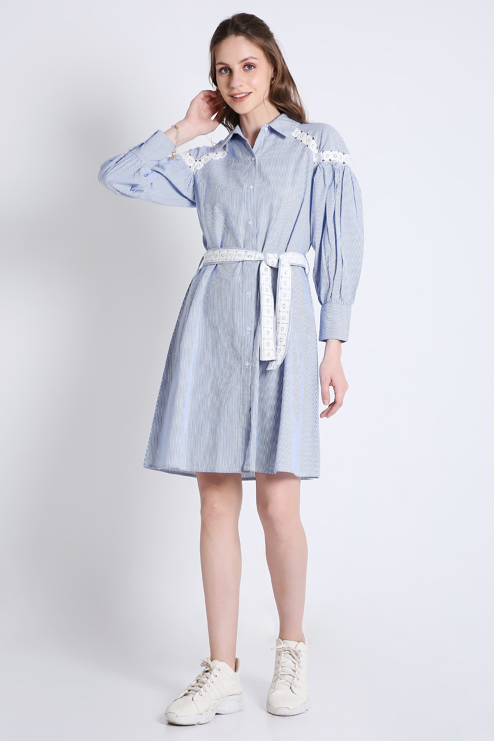 Short Shirt Dress in Stripes with Long Sleeves & Lace Detail