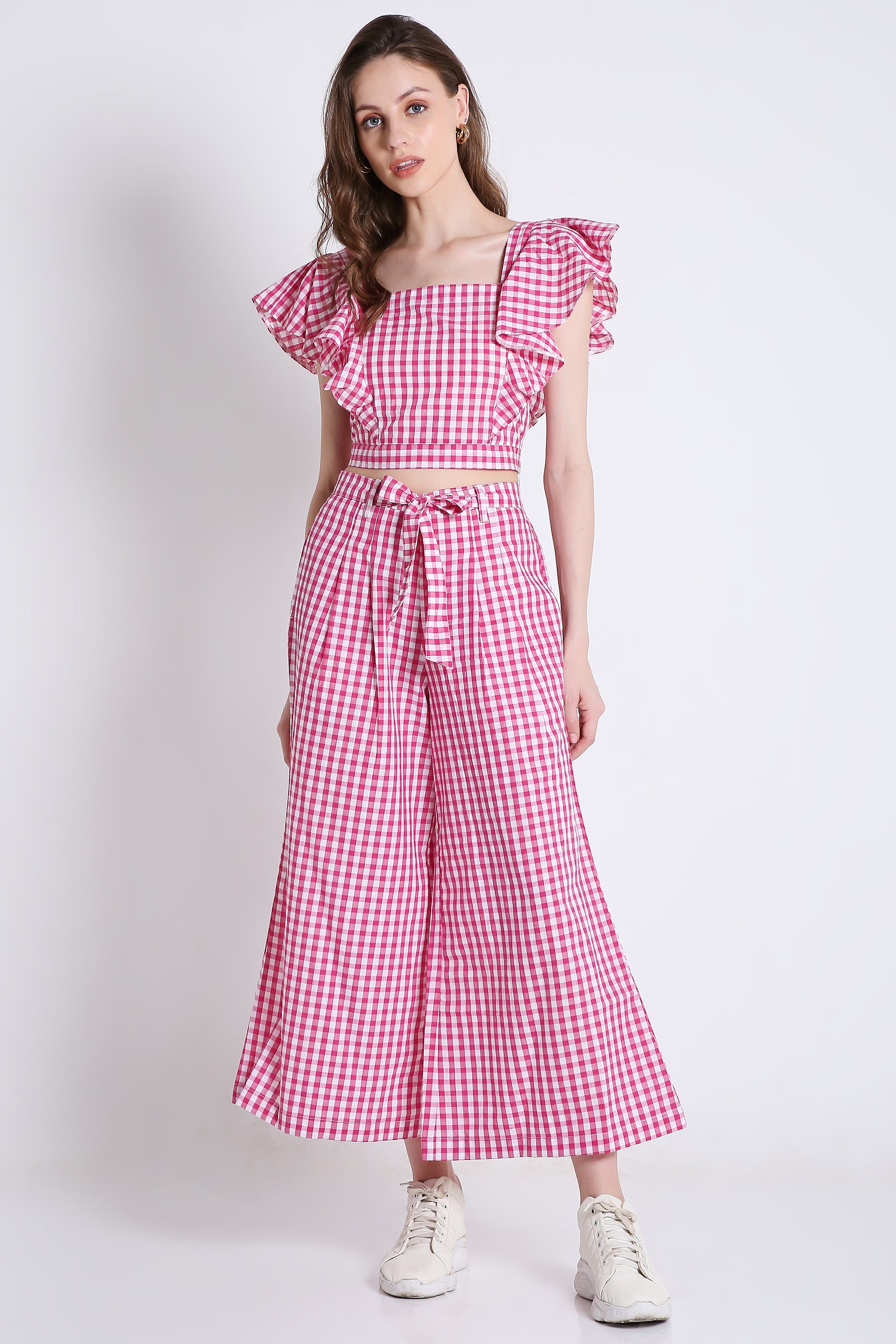 Pink Checks Frilled Co-Ord Set Crop Top