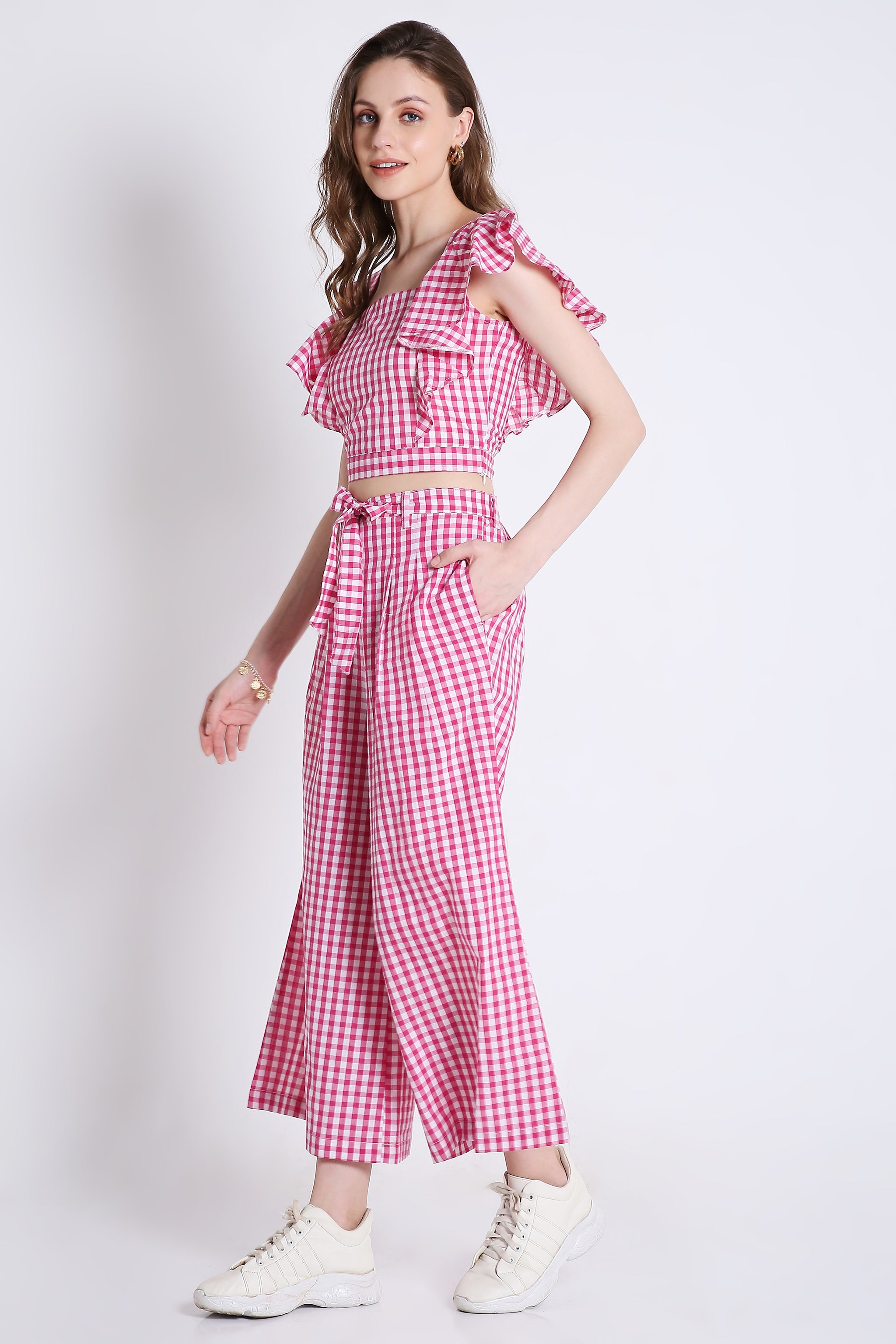 Pink Checks Frilled Co-Ord Set Crop Top