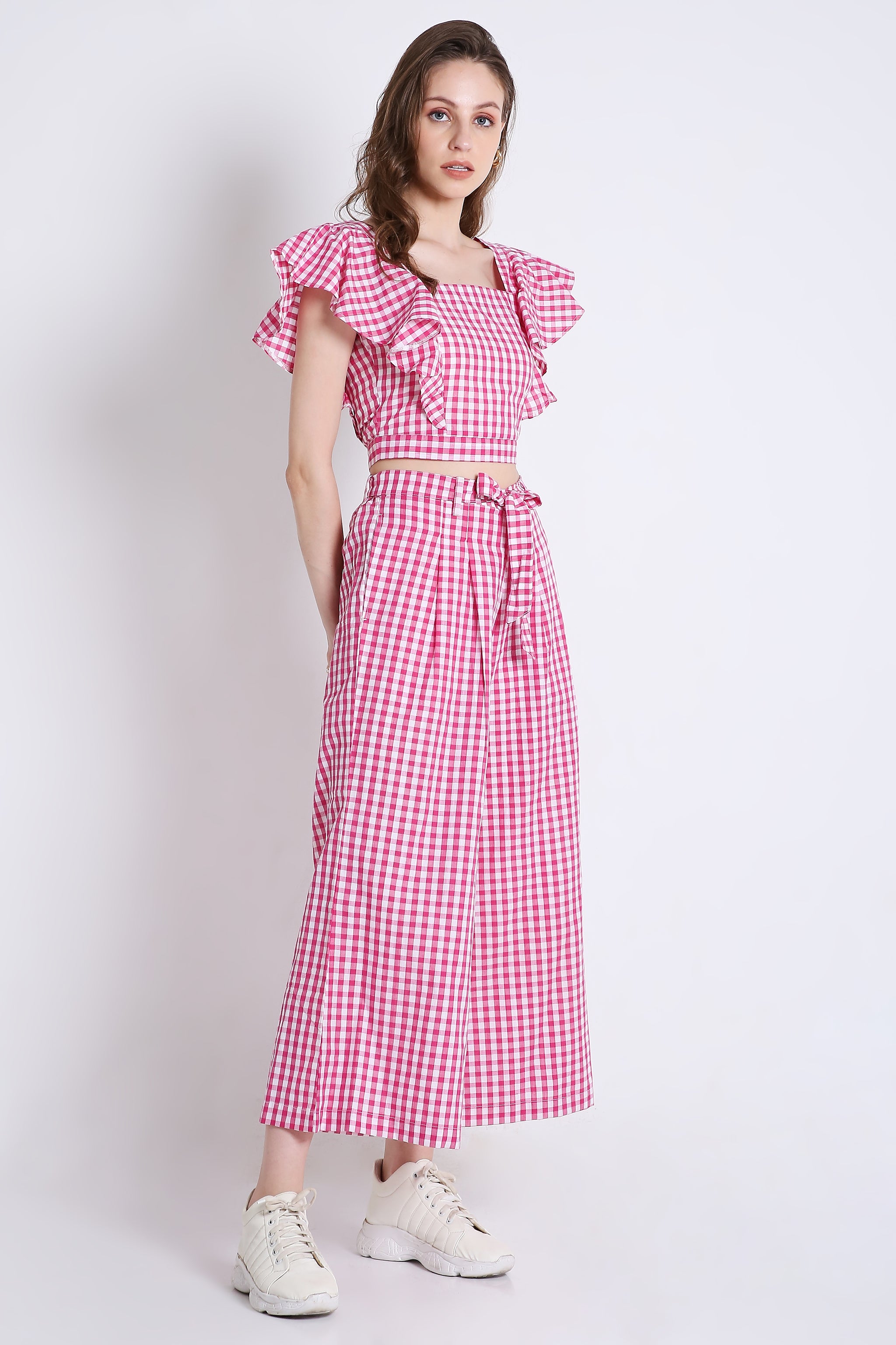 Pink Checks Frilled Co-Ord Set Crop Top