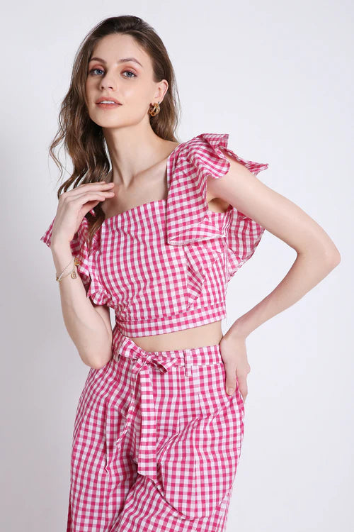 Pink Checks Frilled Co-Ord Set Crop Top