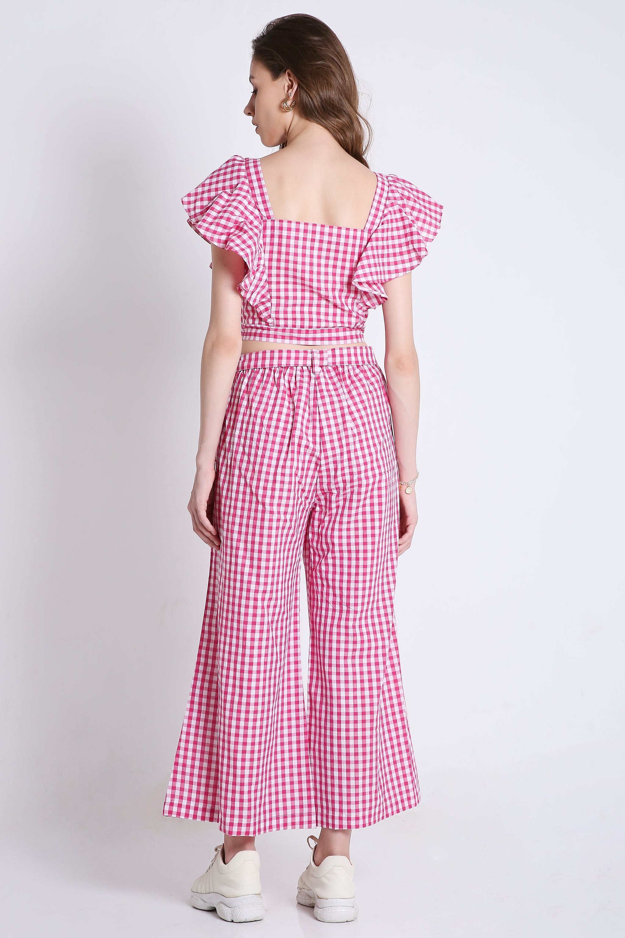 Pink Checks Frilled Co-Ord Set Crop Top