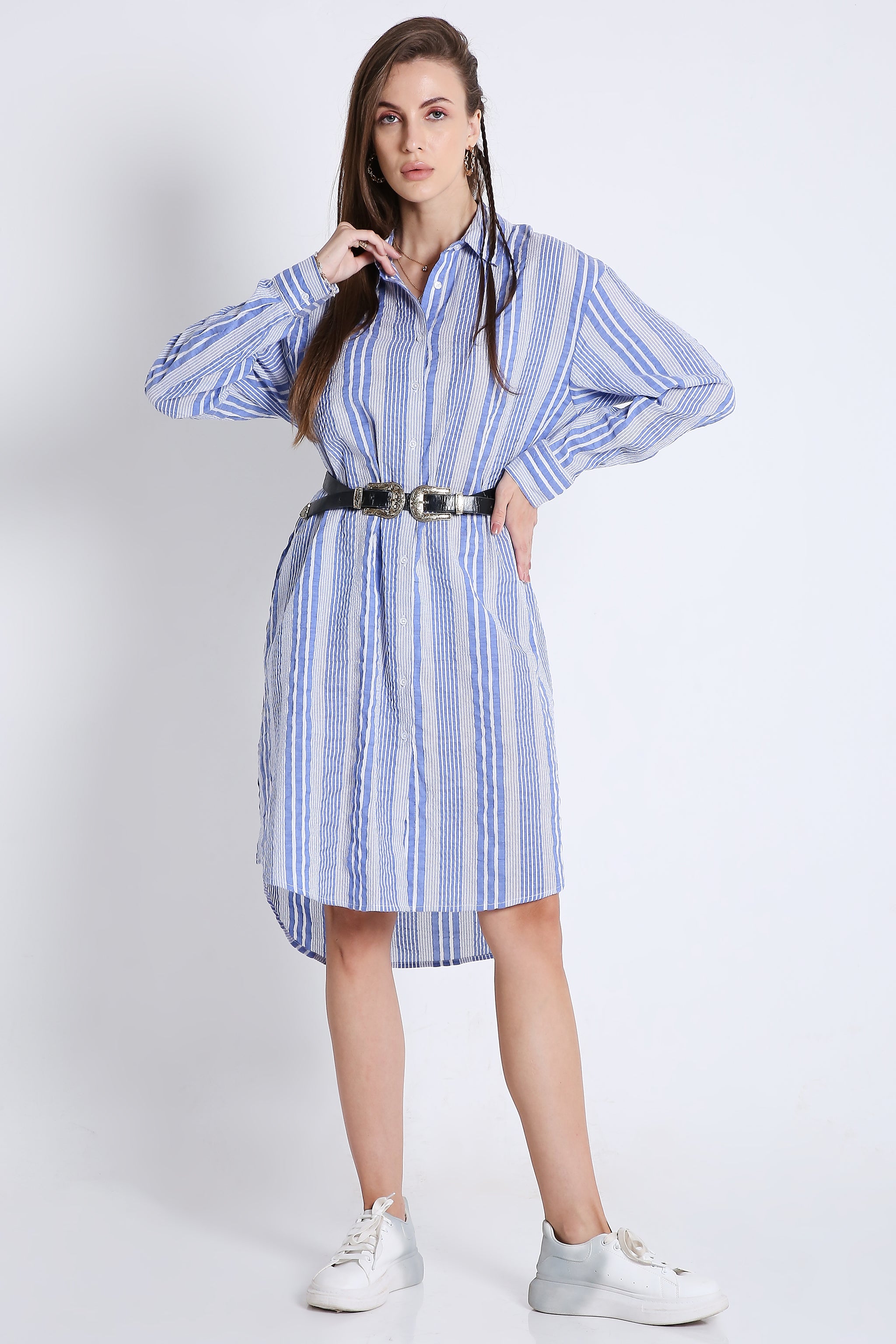 Short Long Shirt Dress in Crushed Stripes with Long Sleeves