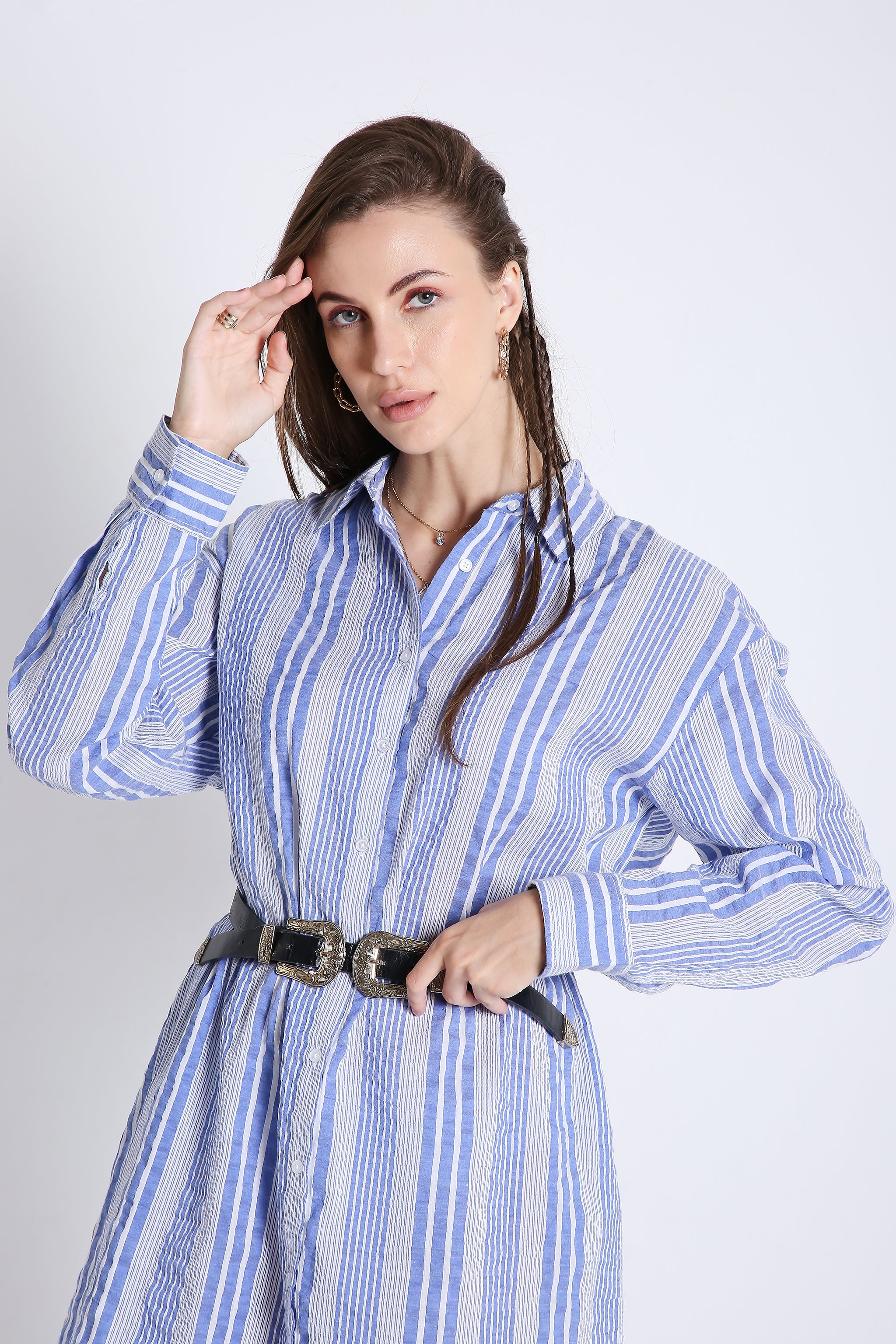 Short Long Shirt Dress in Crushed Stripes with Long Sleeves