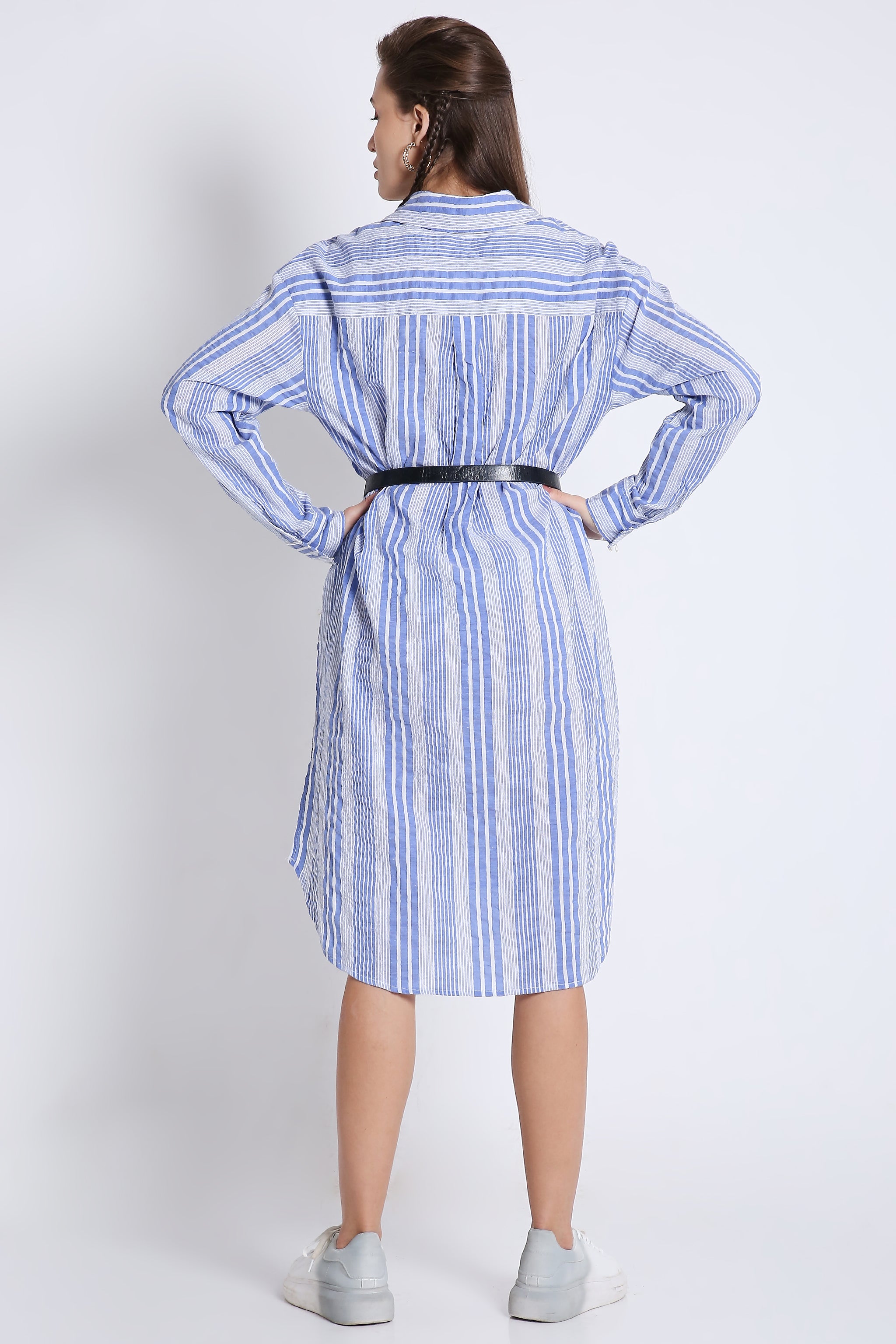 Short Long Shirt Dress in Crushed Stripes with Long Sleeves