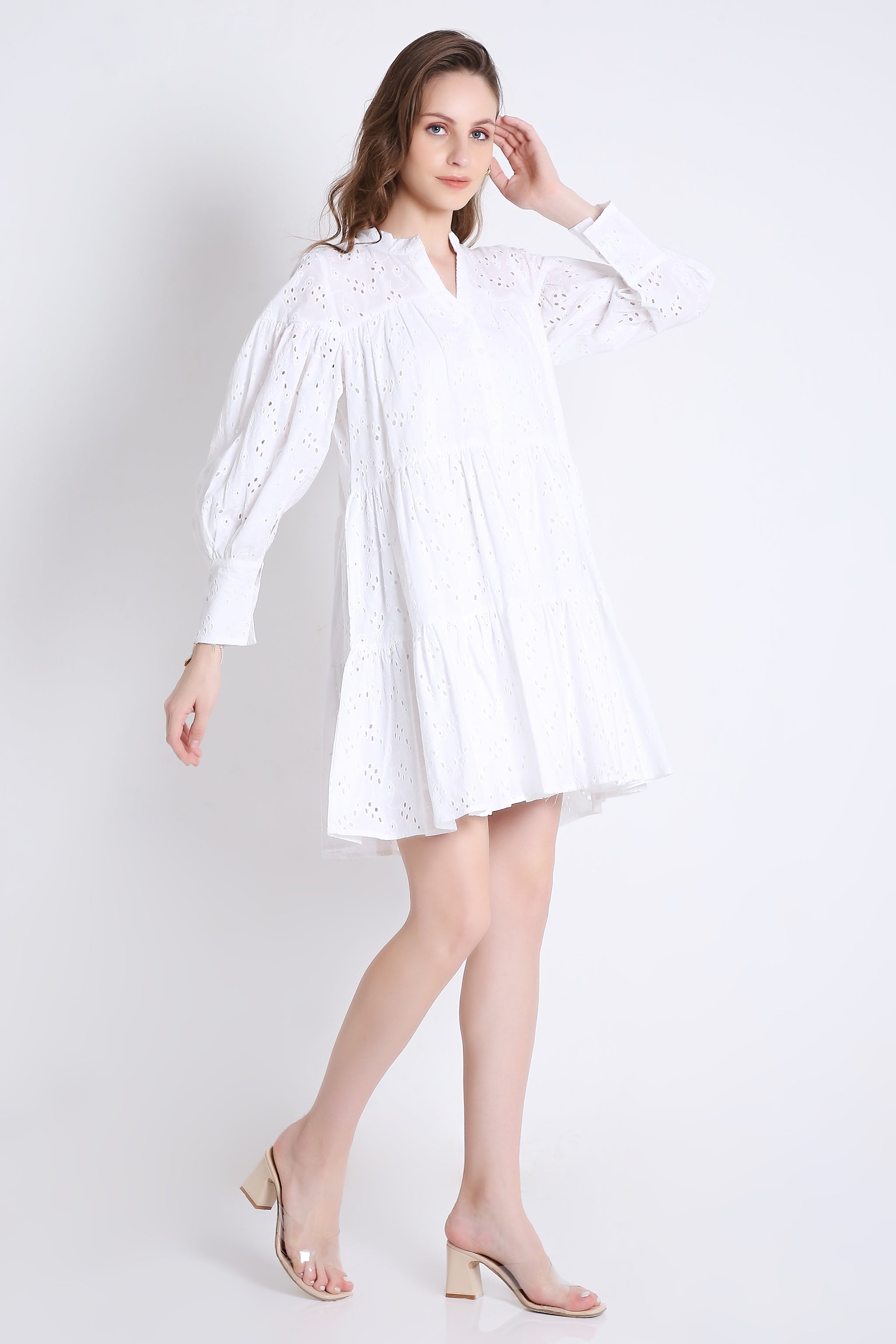 Schffli Emb Mini Dress with Long Puff Sleeve