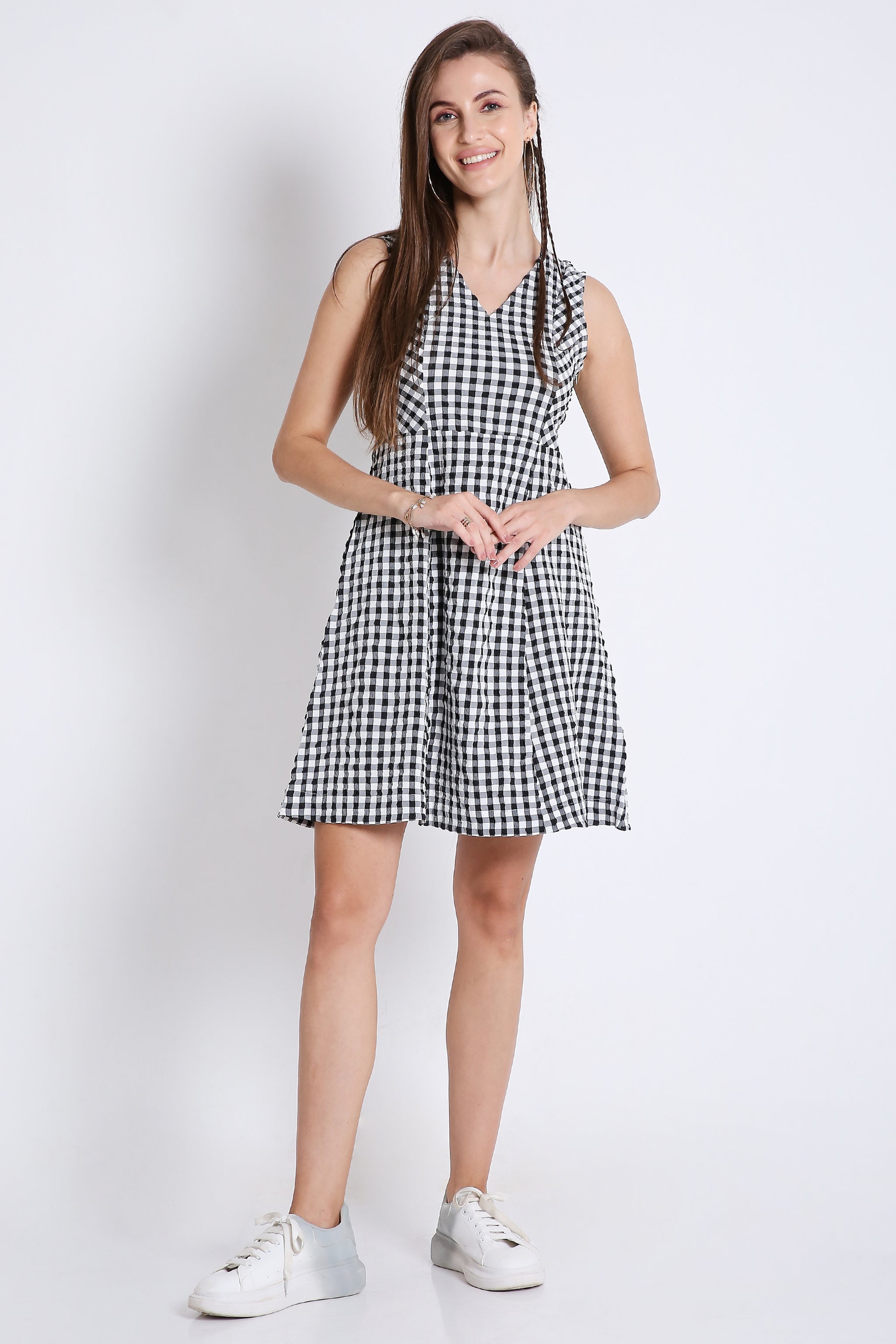 Checks Short Fit & Flared Sleeveless Dress