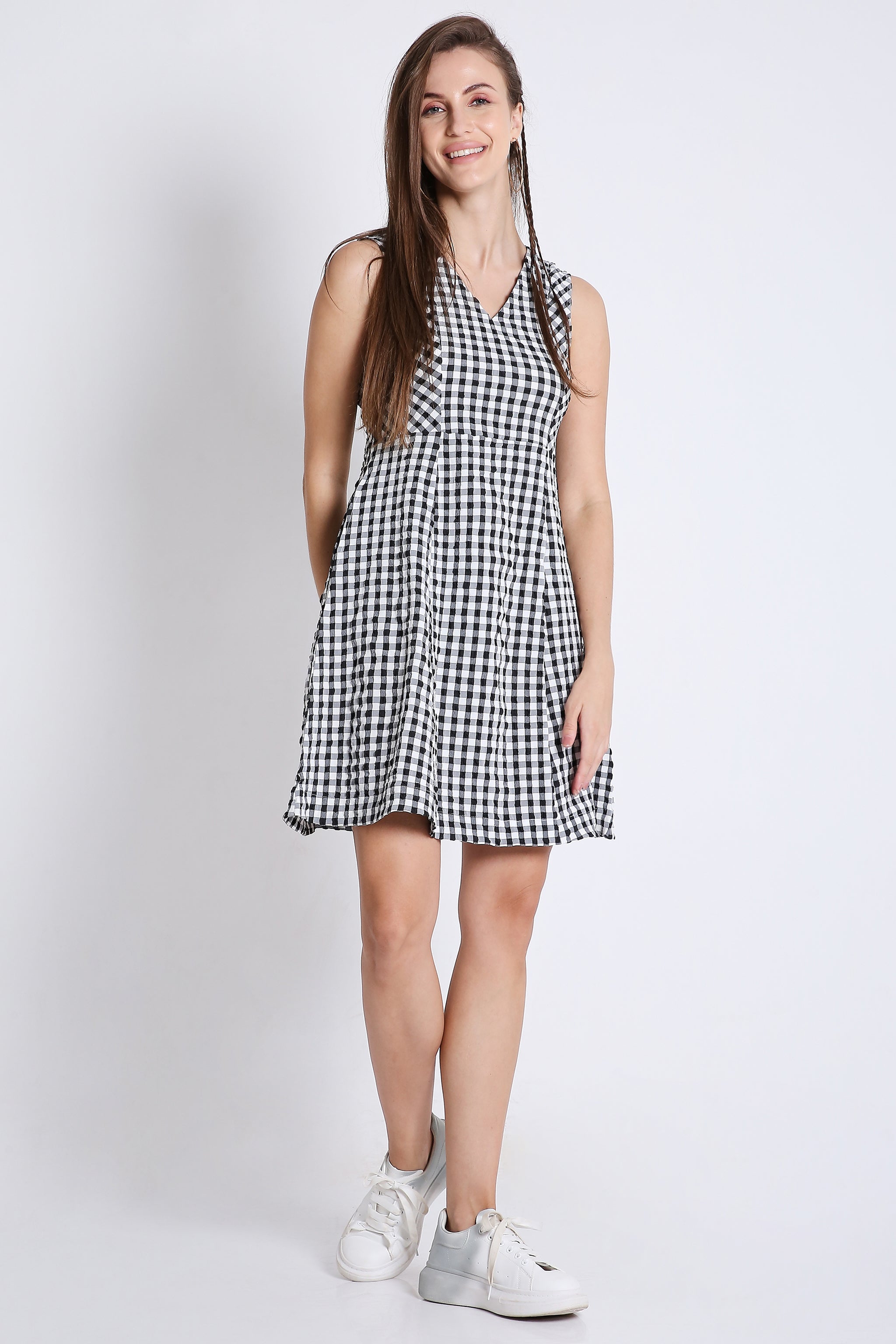 Checks Short Fit & Flared Sleeveless Dress