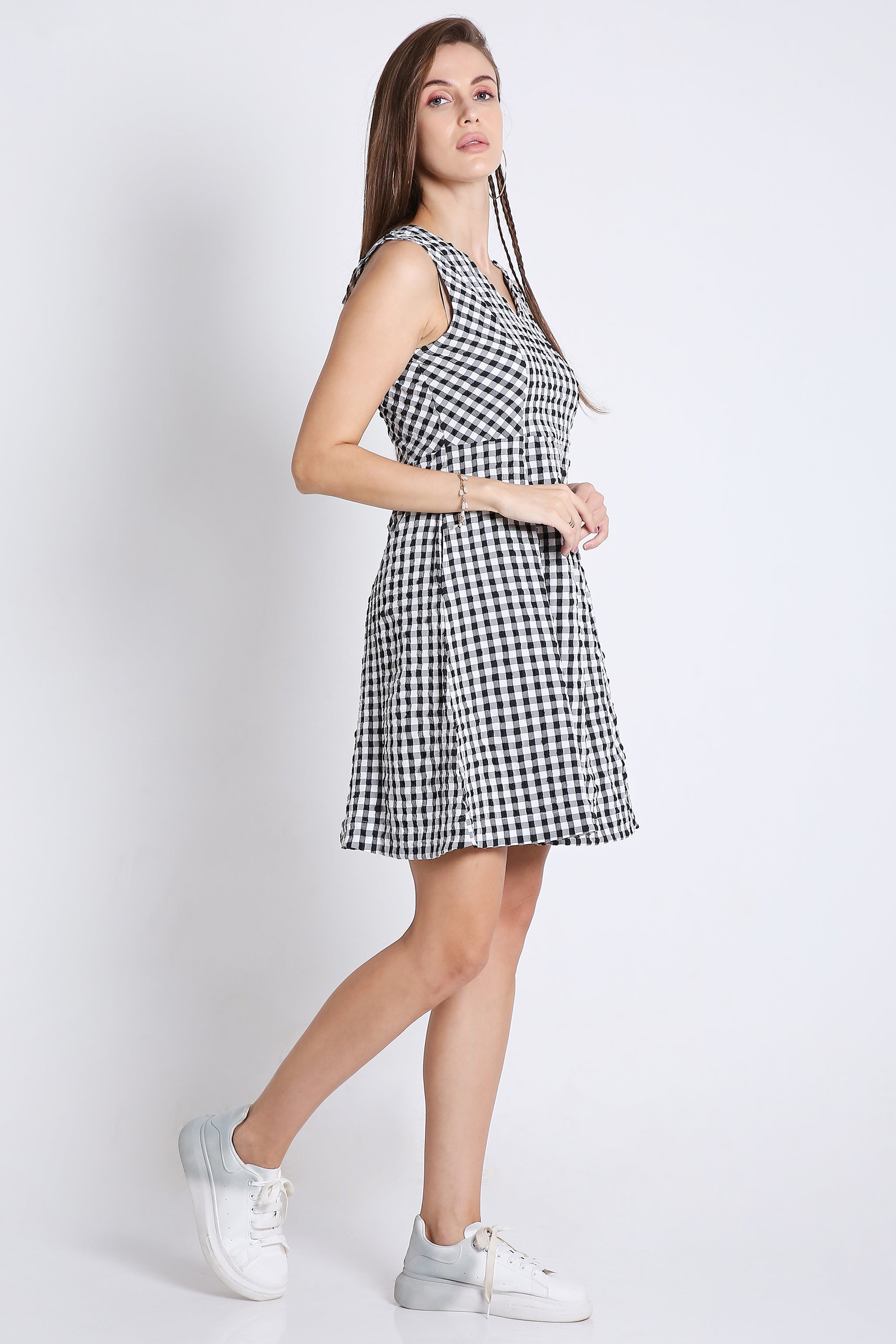 Checks Short Fit & Flared Sleeveless Dress