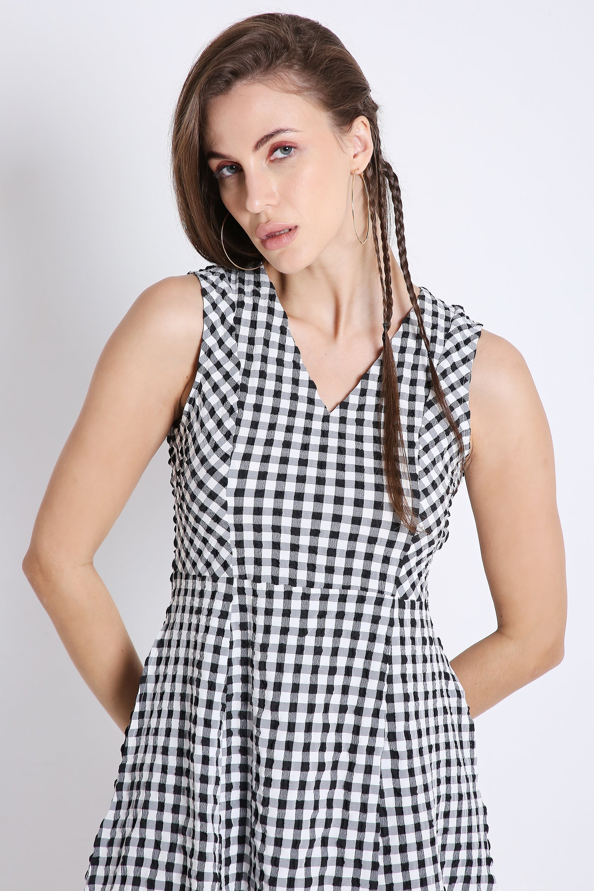 Checks Short Fit & Flared Sleeveless Dress