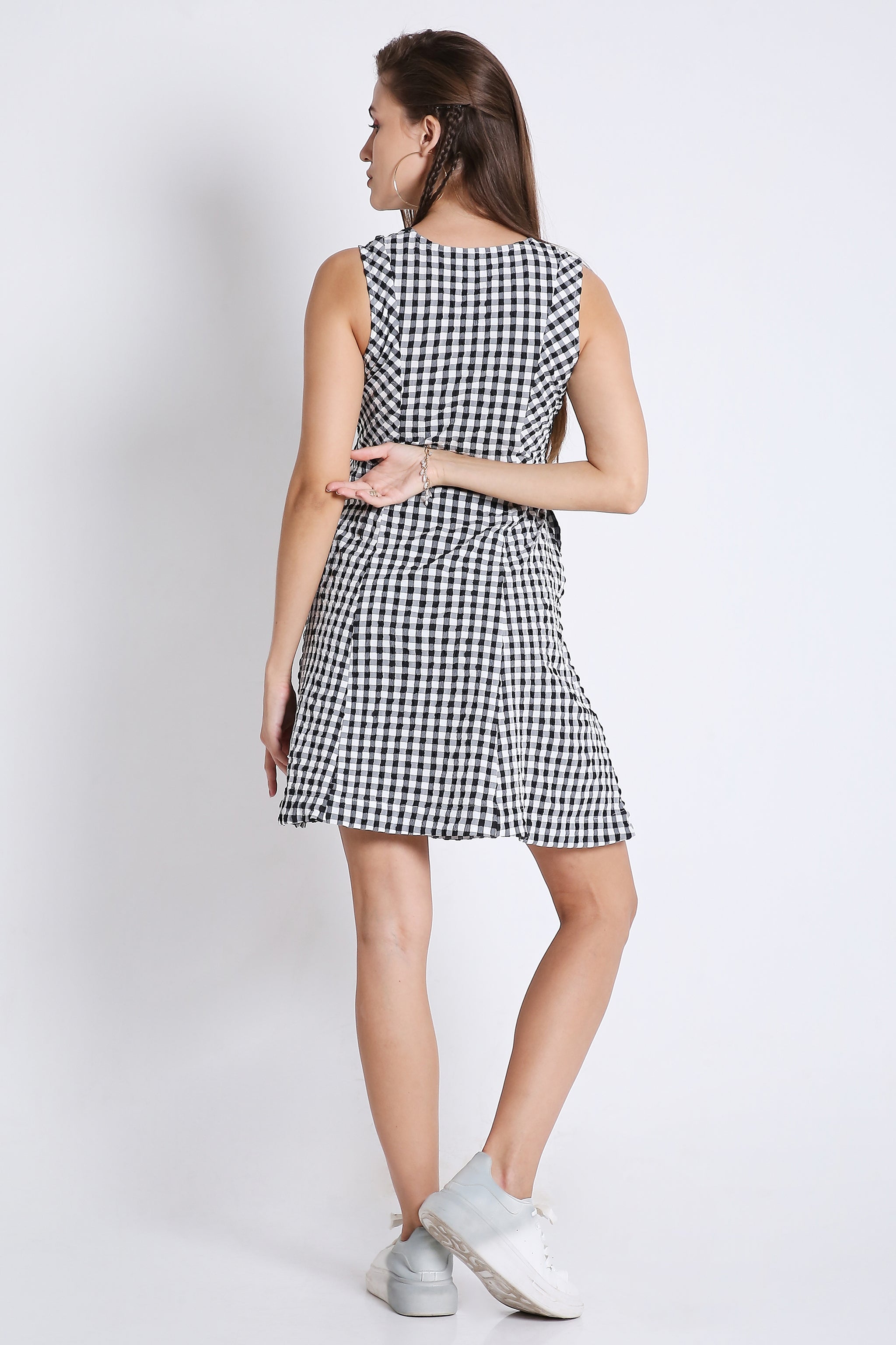 Checks Short Fit & Flared Sleeveless Dress