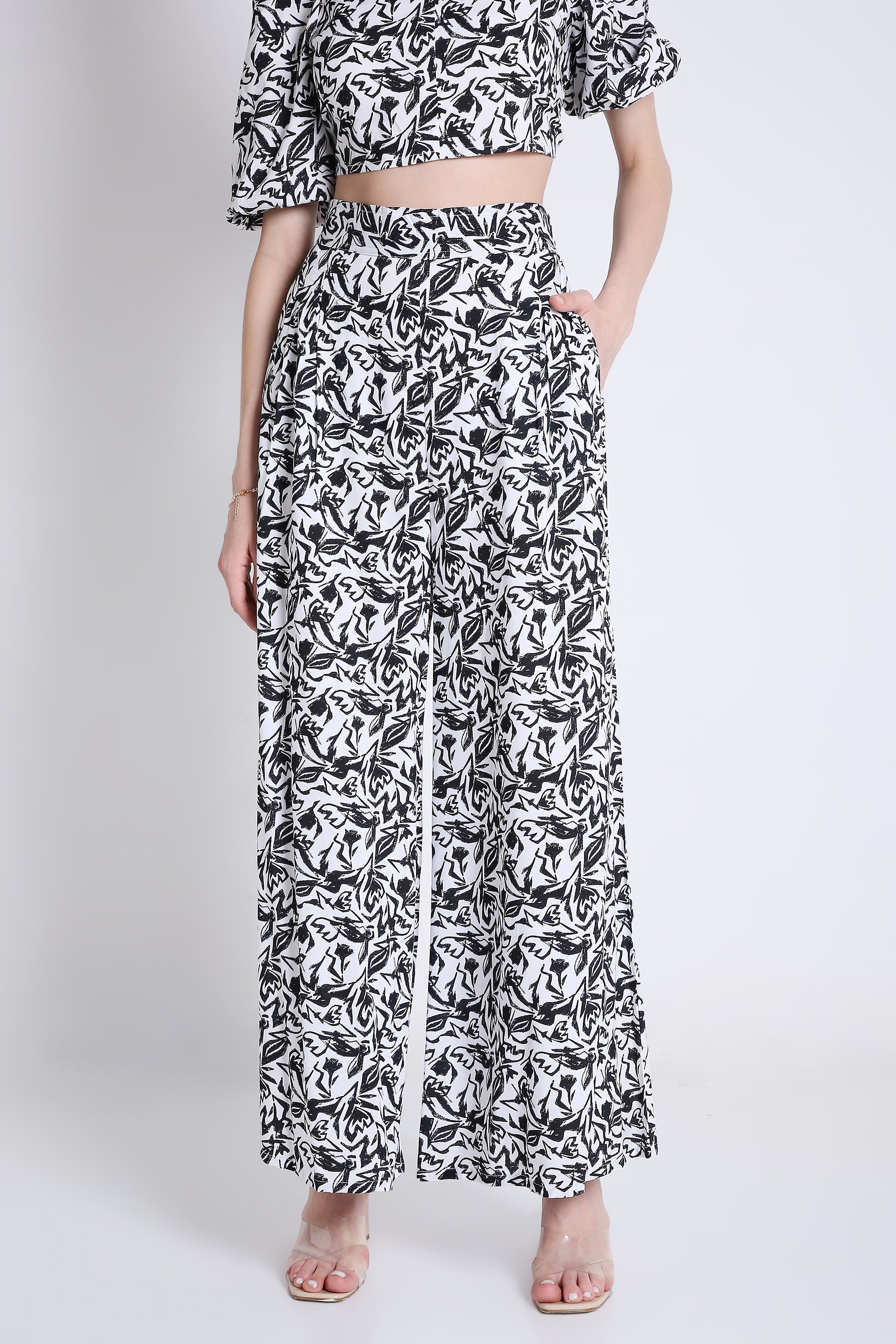 White and Black Printed Flared Co-Ord Set Pant