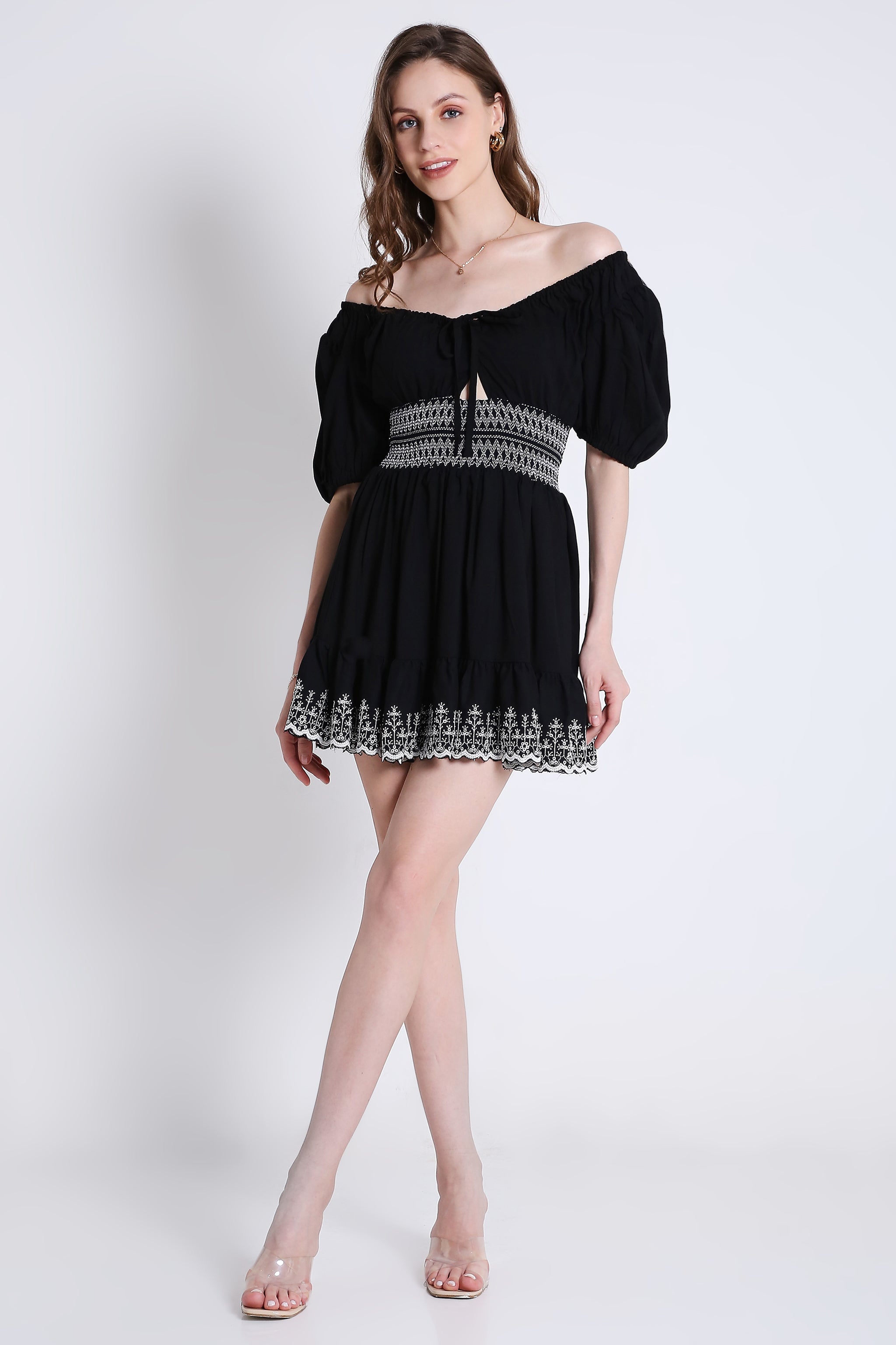 Peasant Neck Flared Dress with Contrast Embroidery Detail