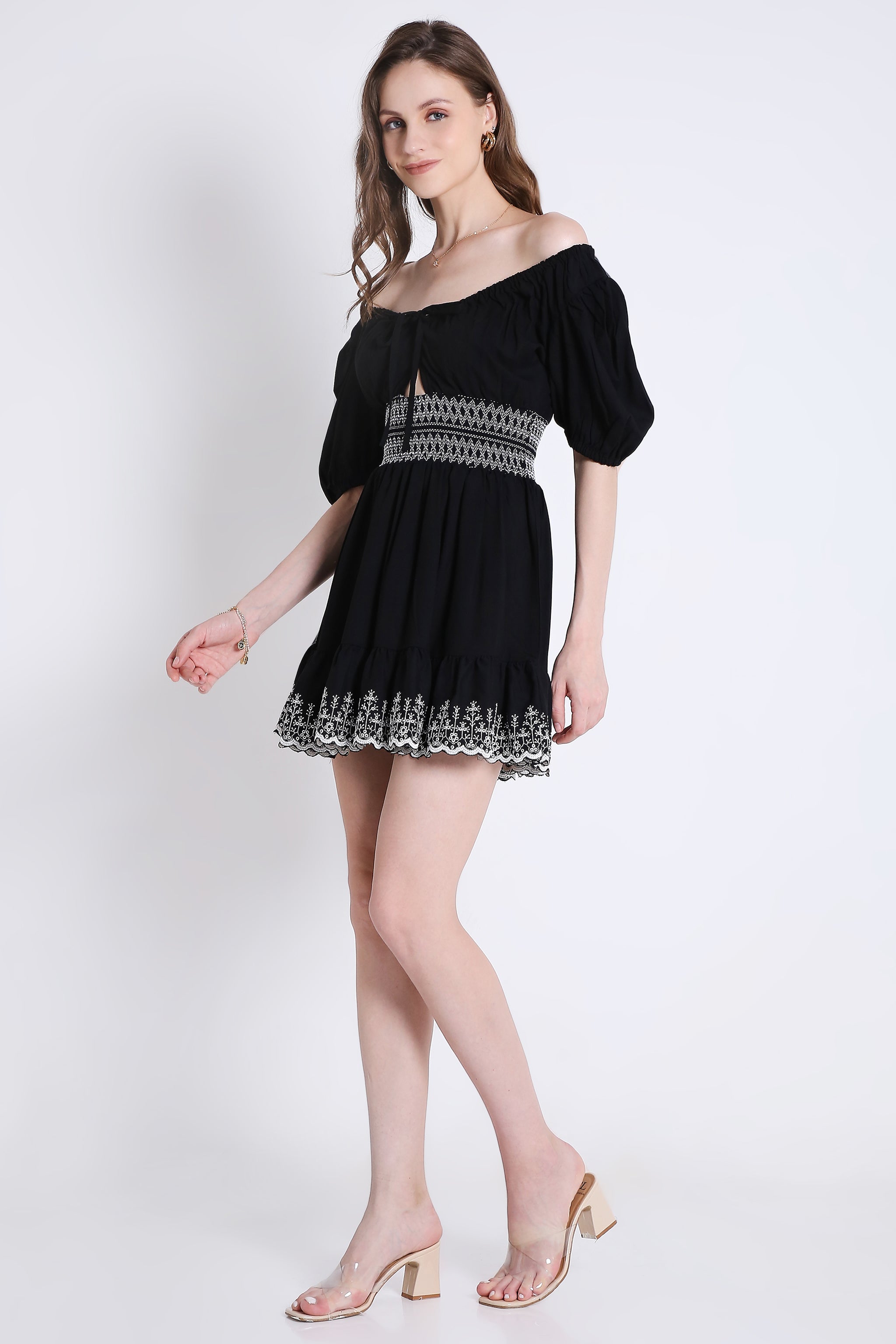 Peasant Neck Flared Dress with Contrast Embroidery Detail