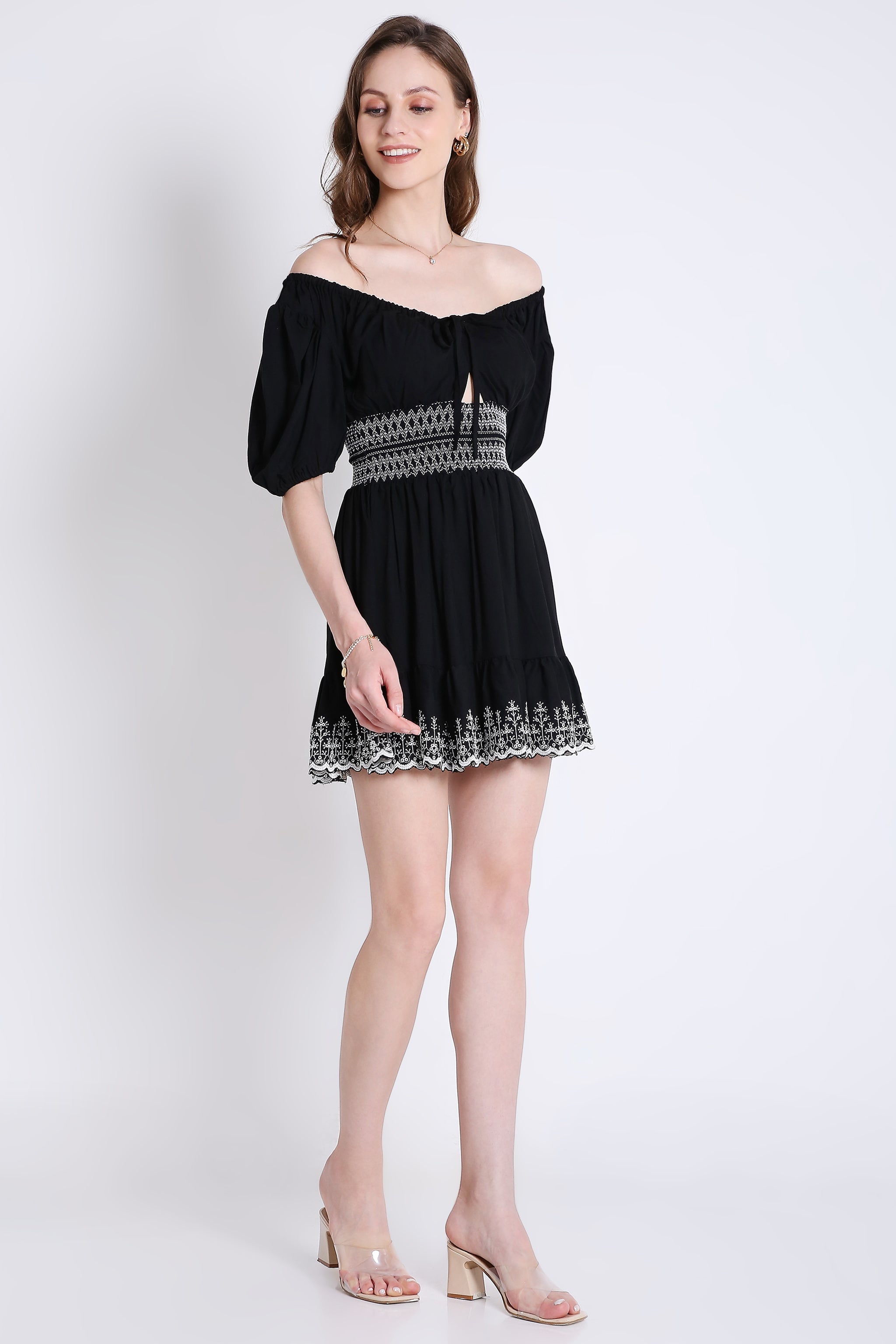 Peasant Neck Flared Dress with Contrast Embroidery Detail