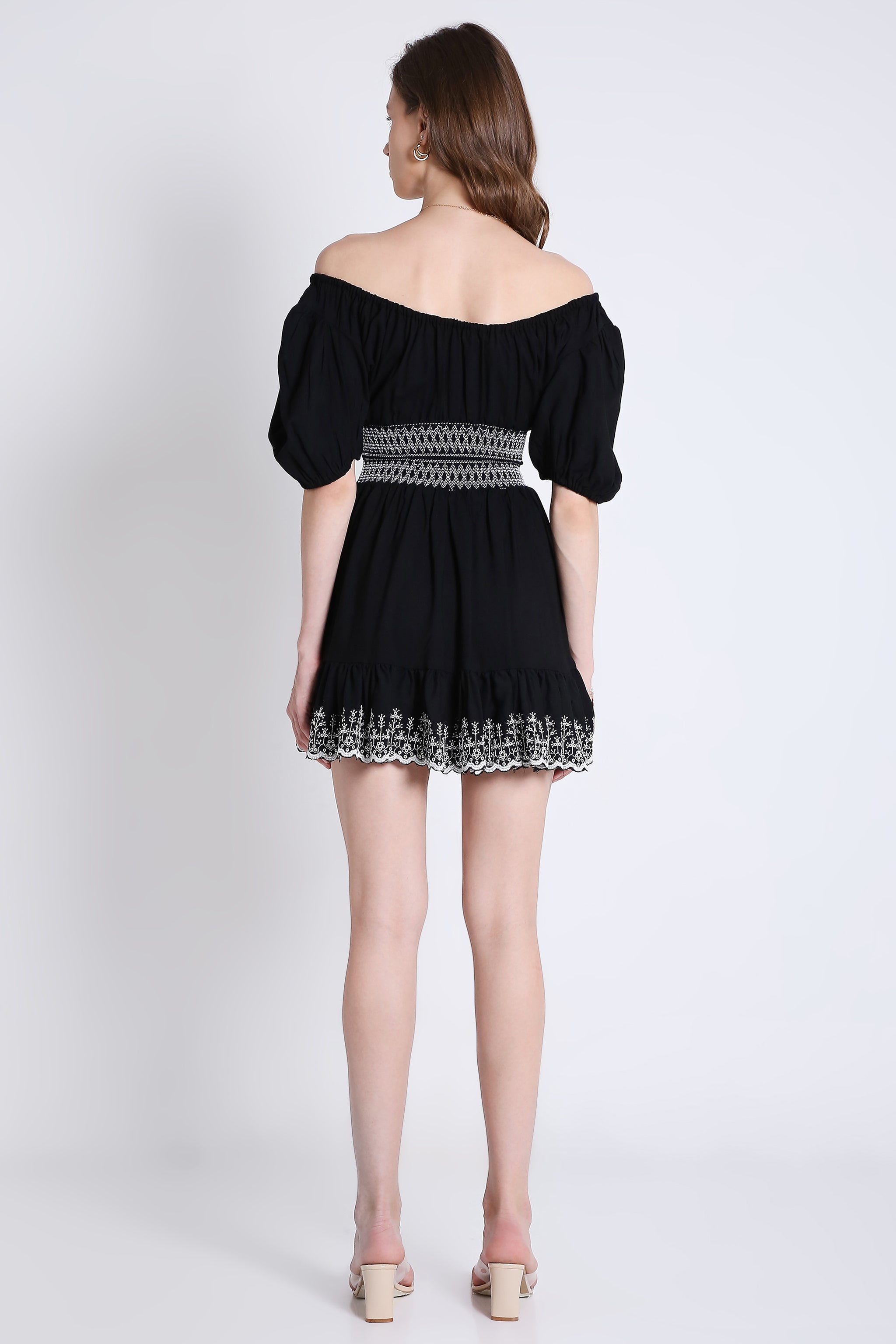 Peasant Neck Flared Dress with Contrast Embroidery Detail