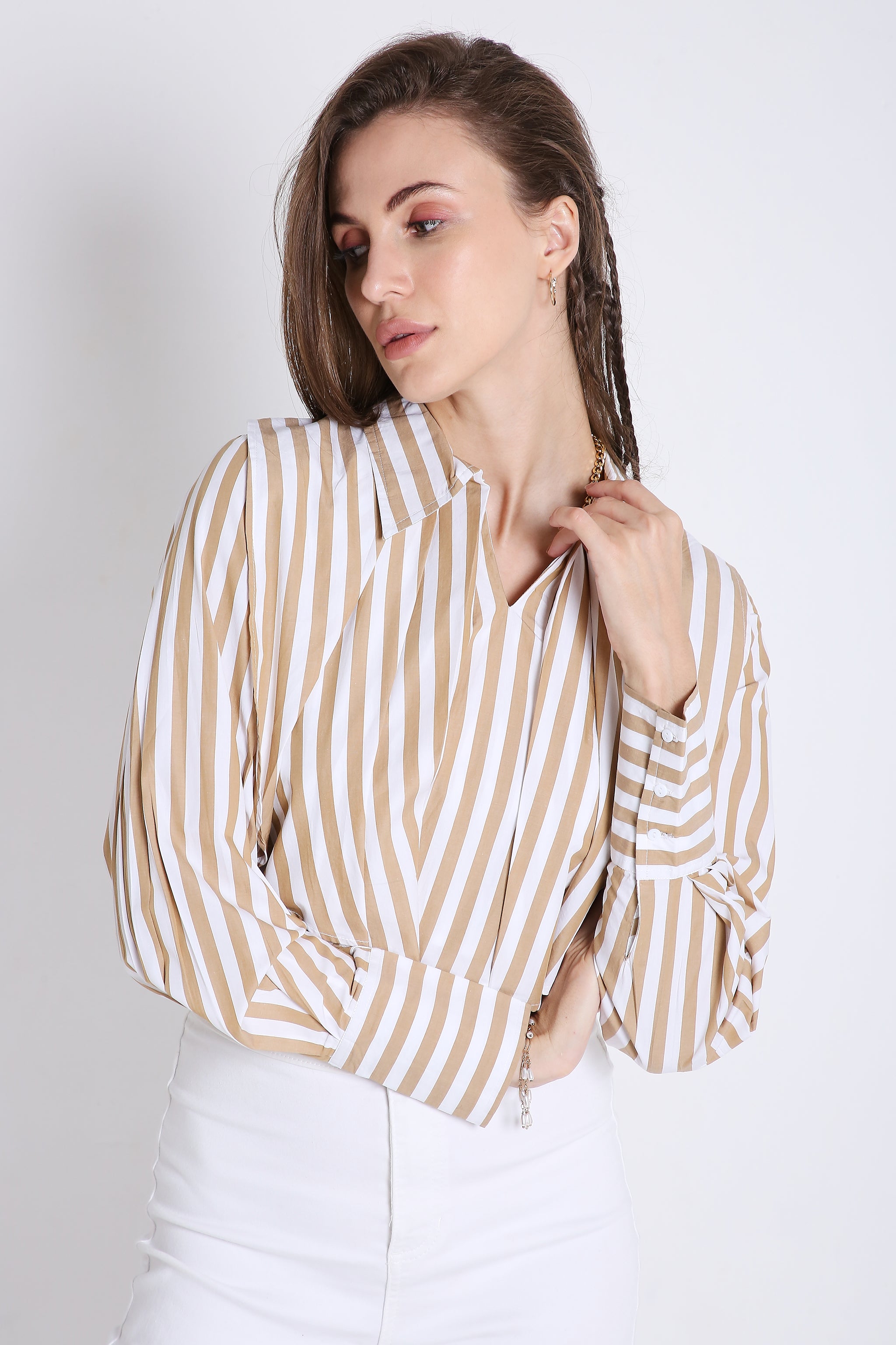 Stripes Fashion Pleated Crop Shirt