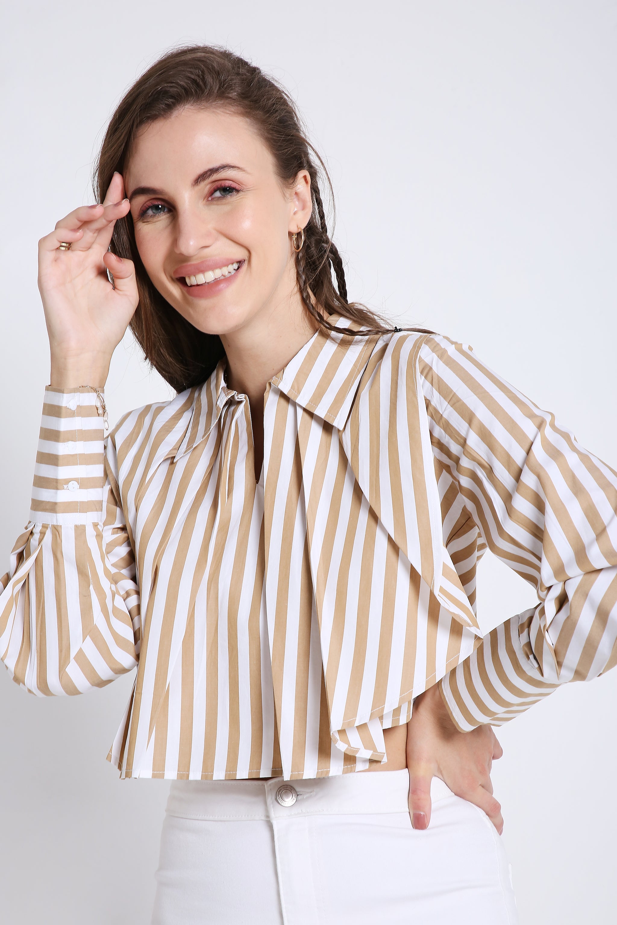 Stripes Fashion Pleated Crop Shirt