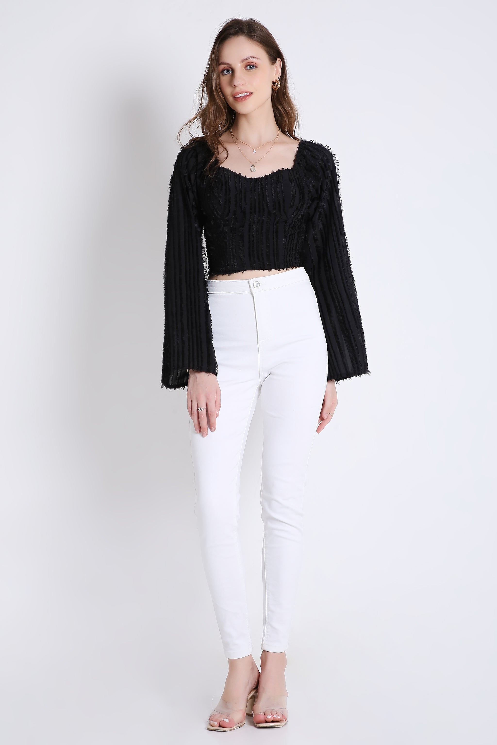 Poly Jacquard Crop Top with Long Sleeve