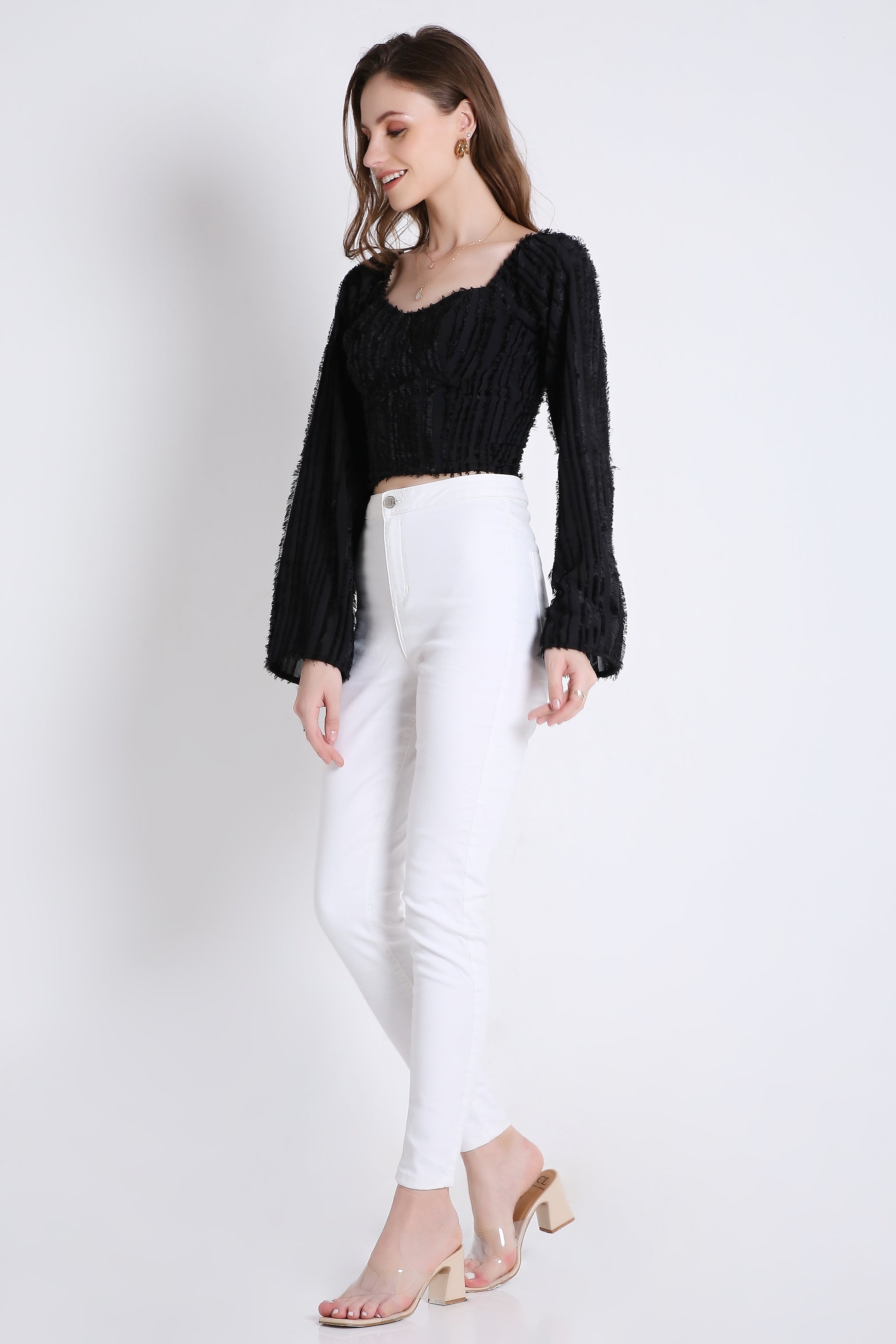 Poly Jacquard Crop Top with Long Sleeve