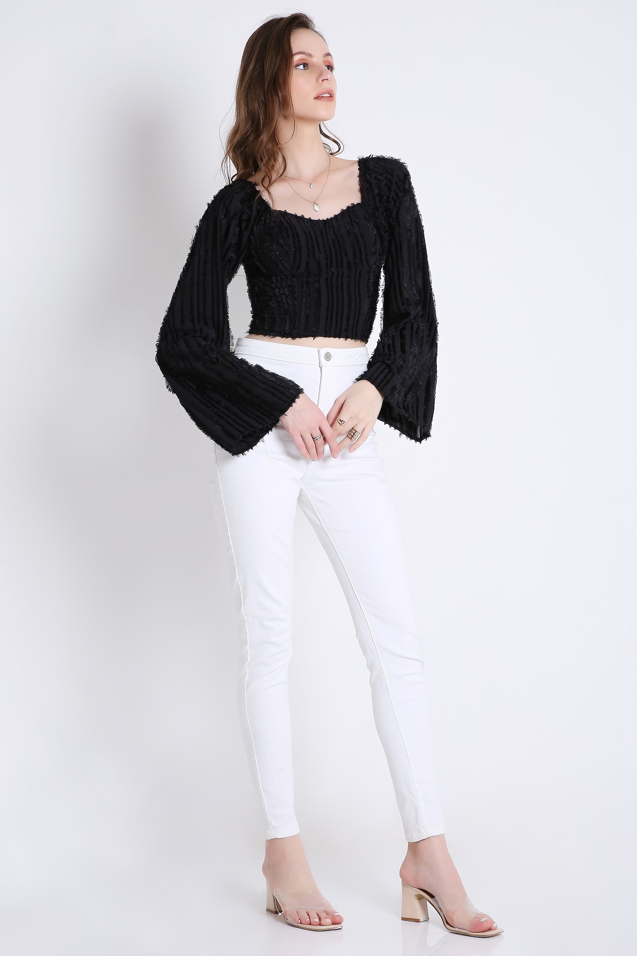 Poly Jacquard Crop Top with Long Sleeve