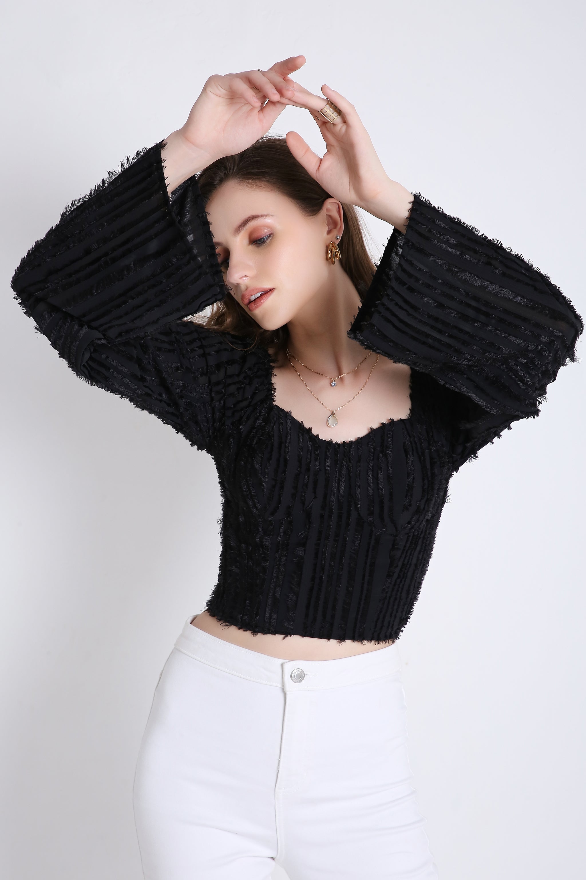 Poly Jacquard Crop Top with Long Sleeve