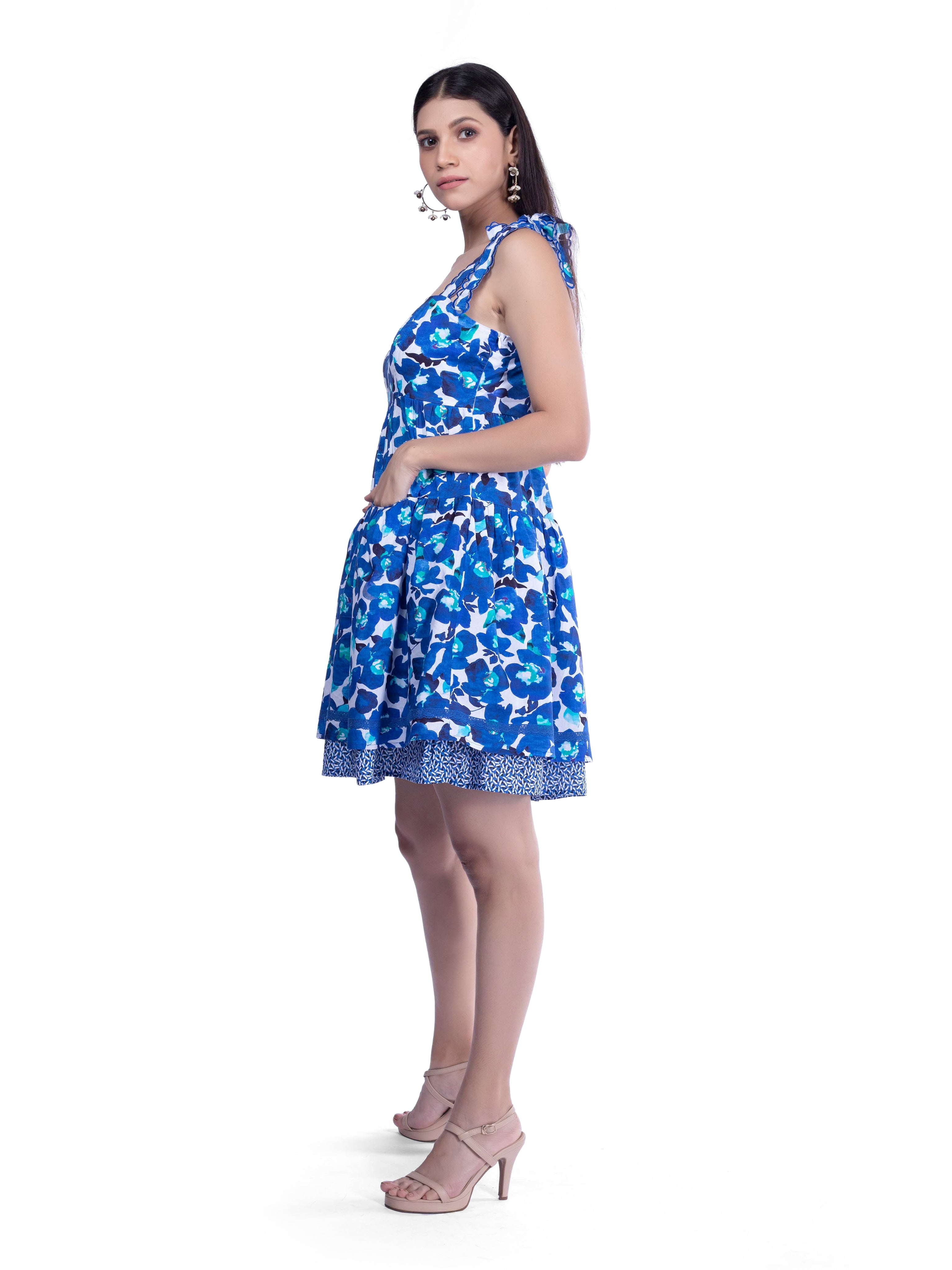 Blue & White Floral Embroidered Strap Dress