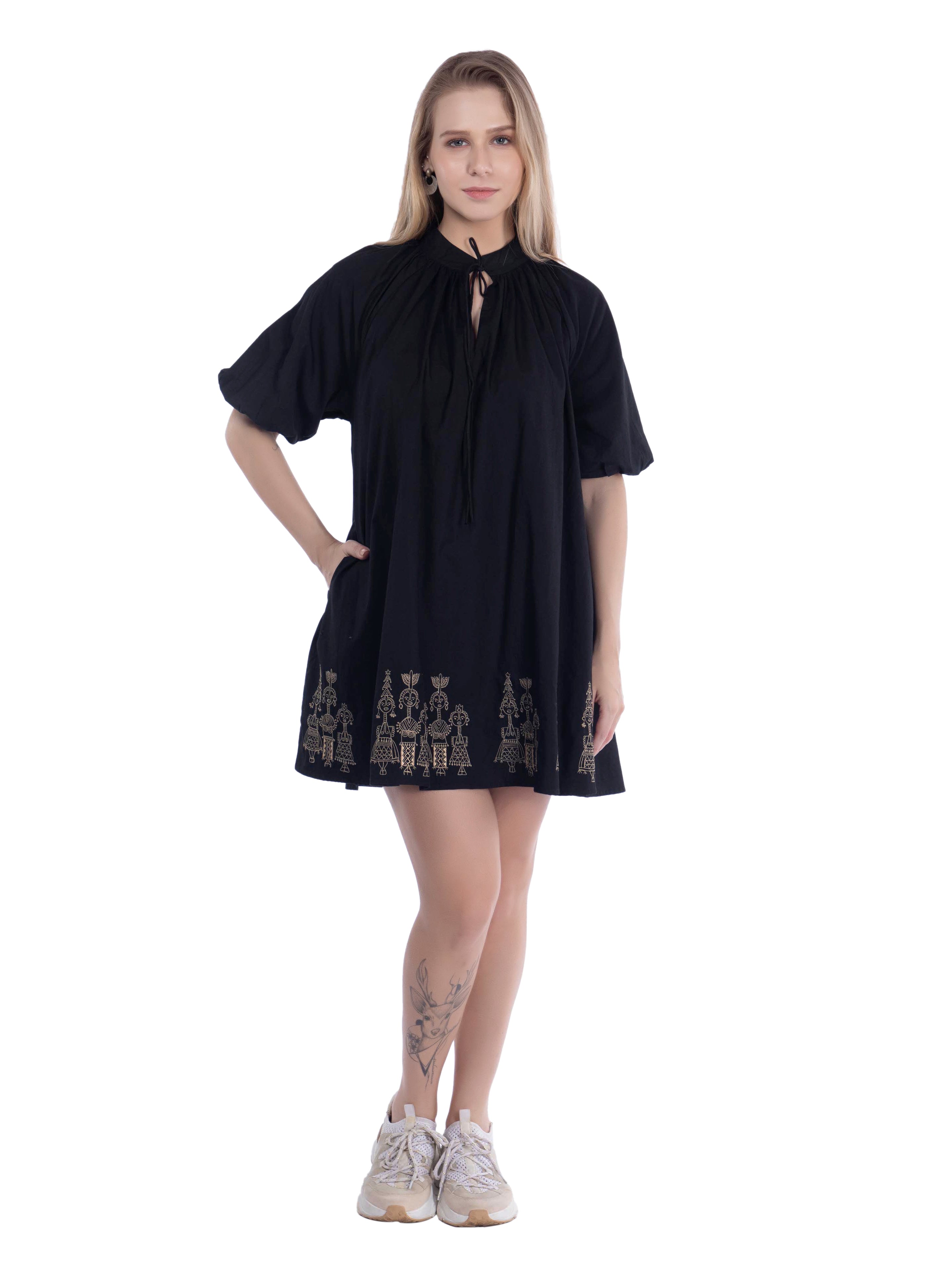 Black A-Line Dress with Embroidery