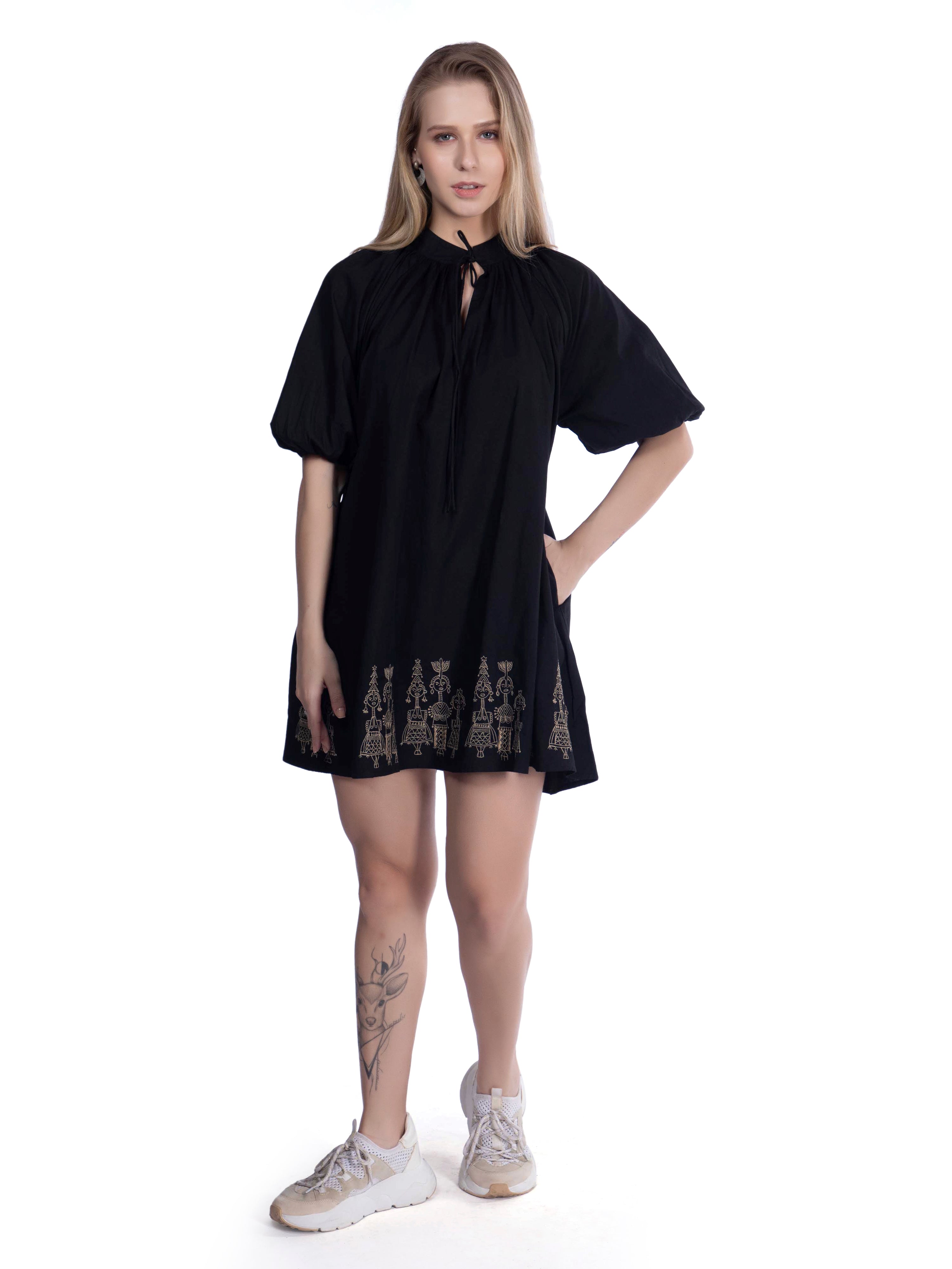 Black A-Line Dress with Embroidery