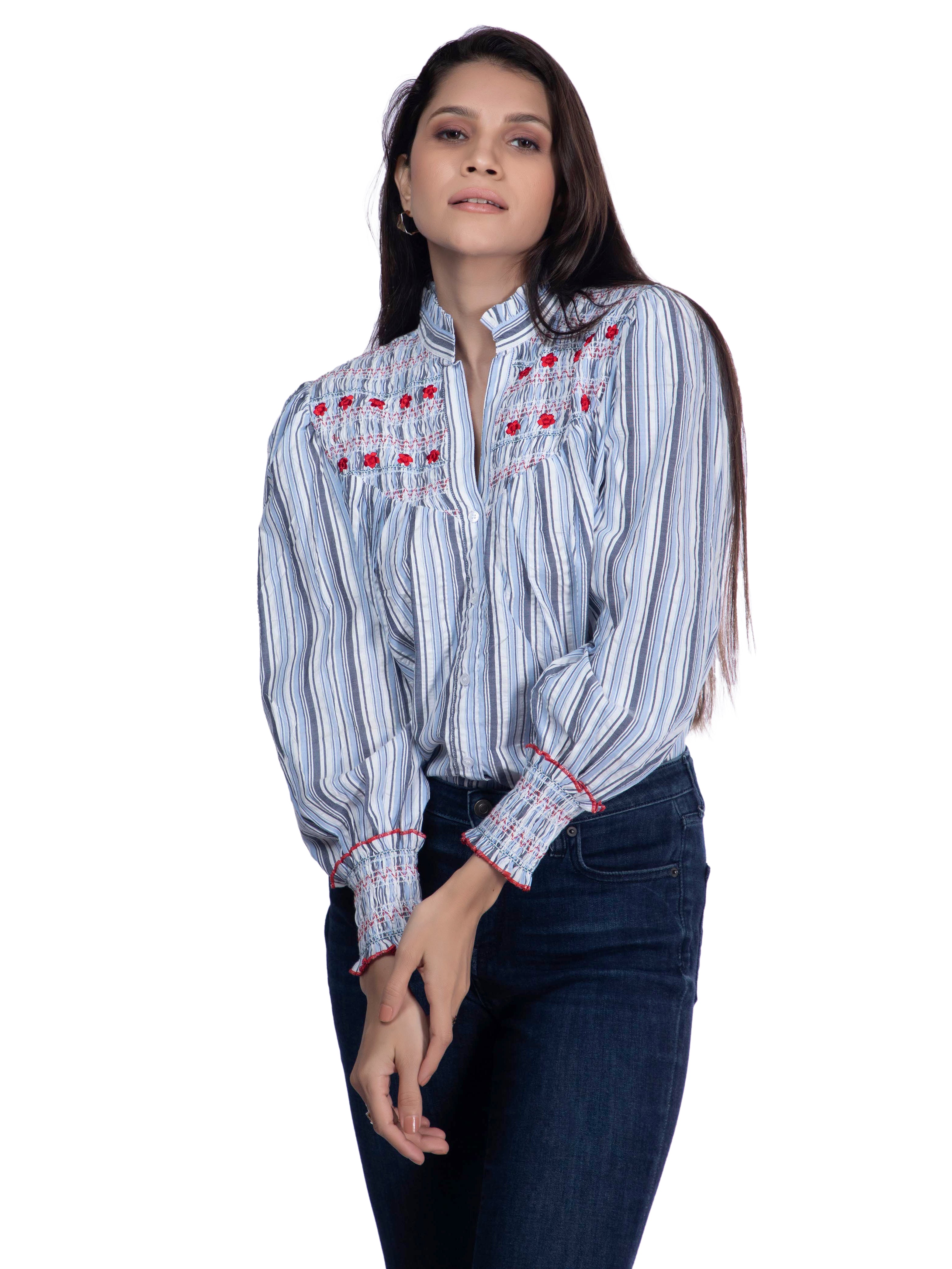 Blue & White Cotton Embroidered Shirt