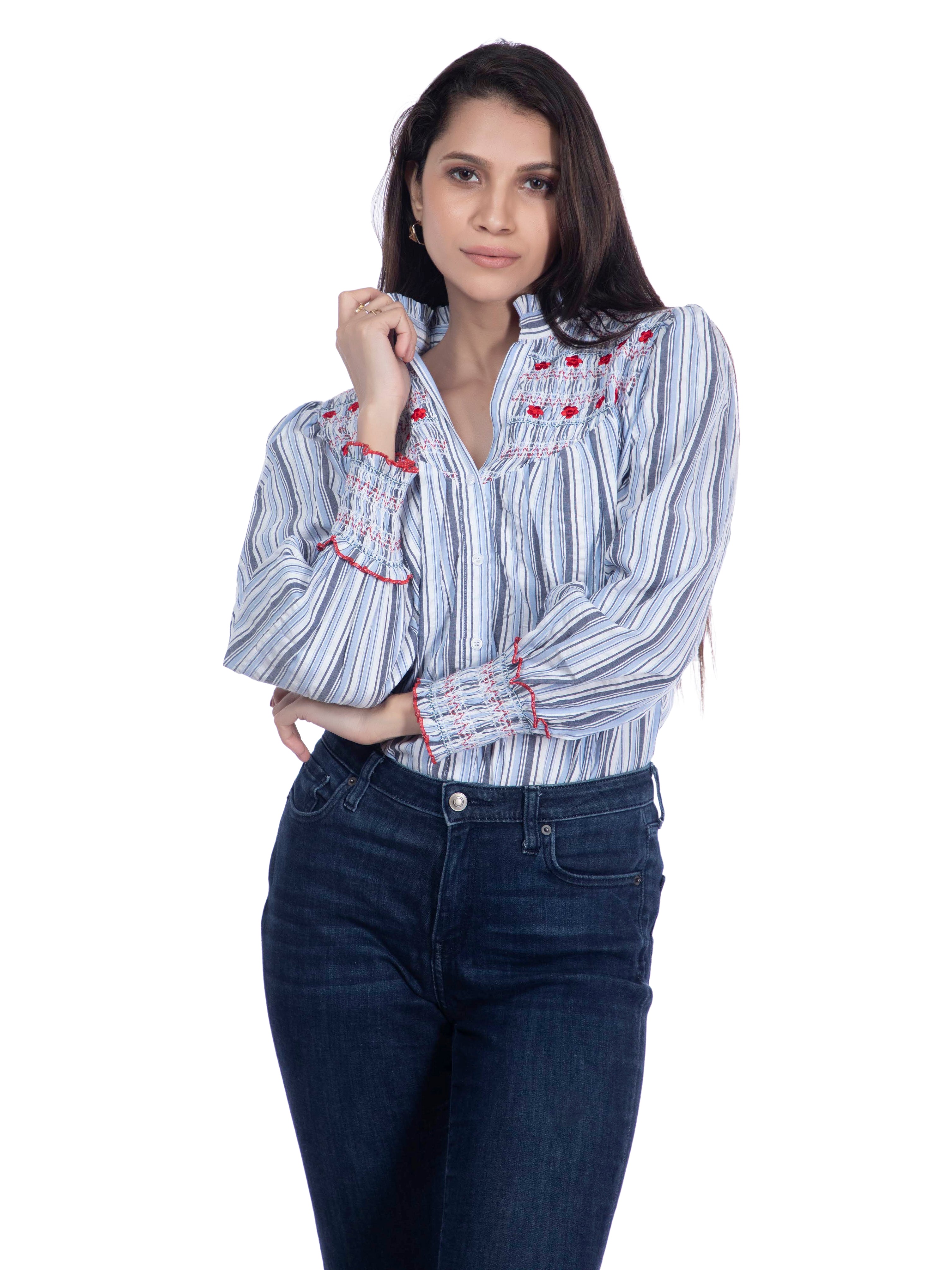 Blue & White Cotton Embroidered Shirt