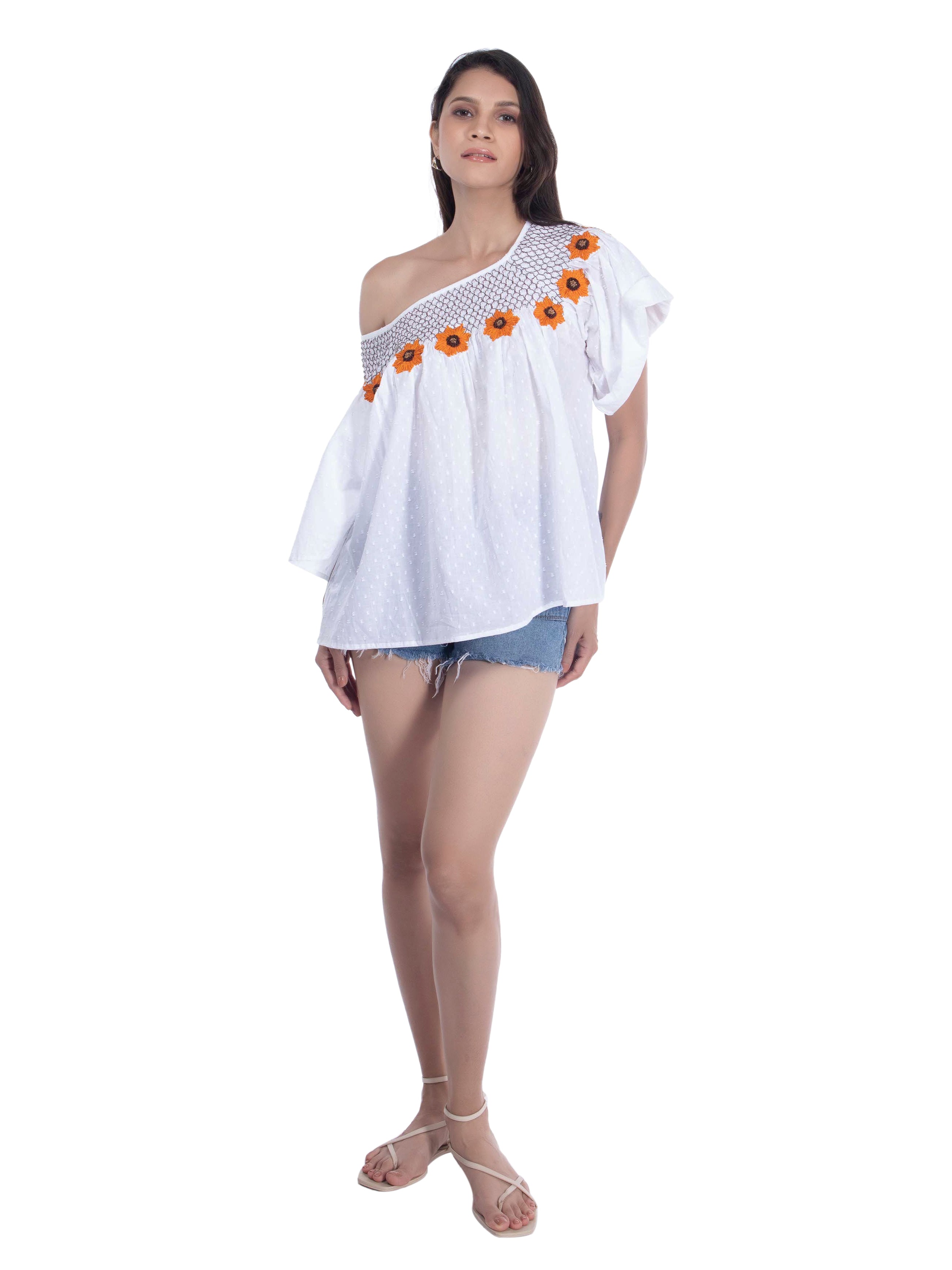 Sunflower Embroidered White Top