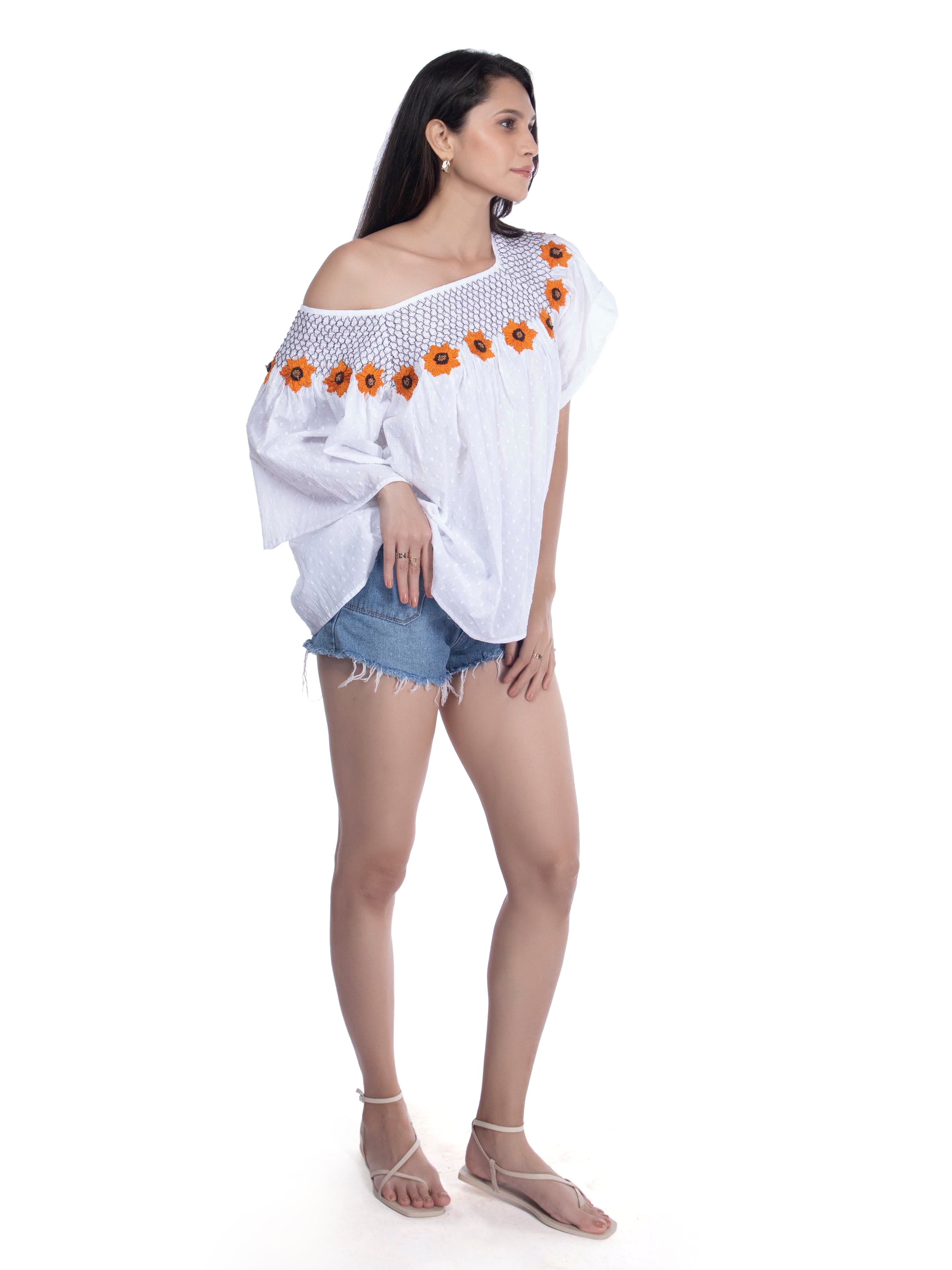 Sunflower Embroidered White Top