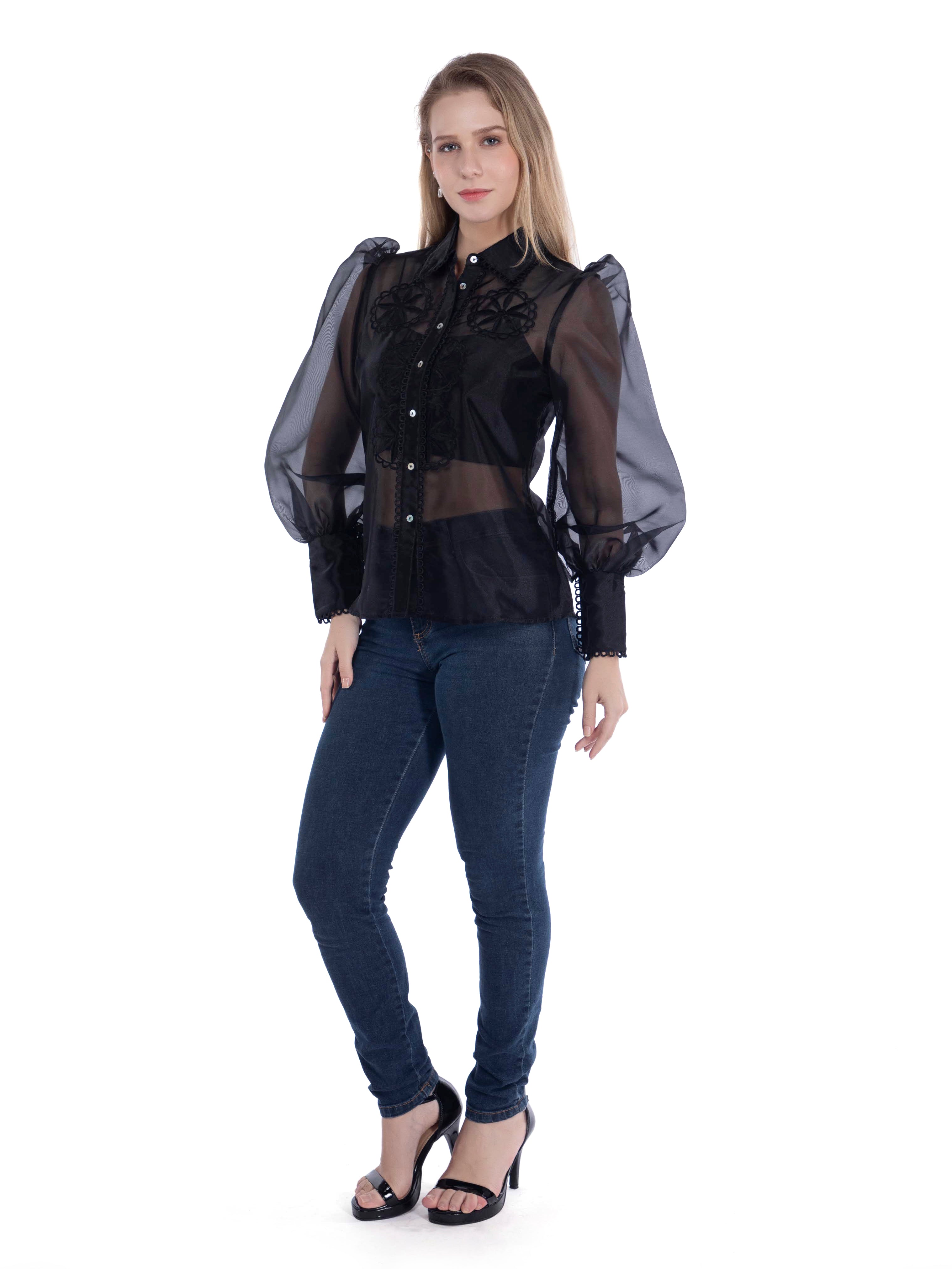 Black Organza Shirt with Cut-Work Embroidery